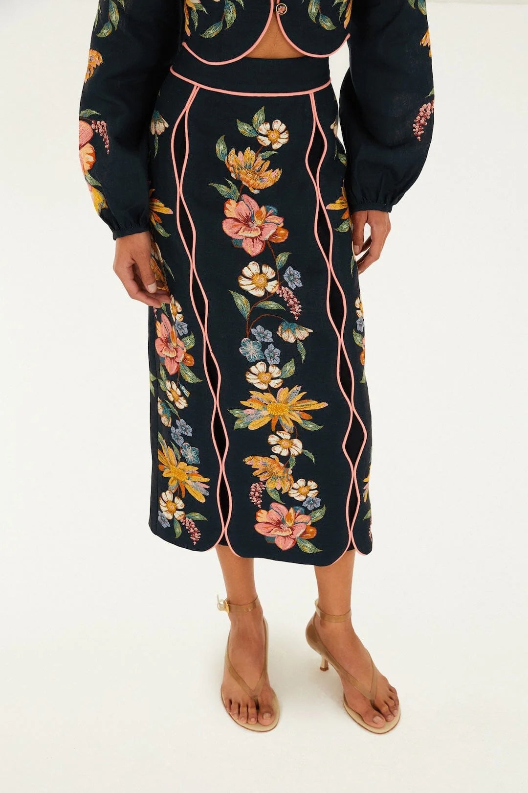 Dark Blue Maira Floral Euroflax Premium Linen Midi Skirt - Image 2