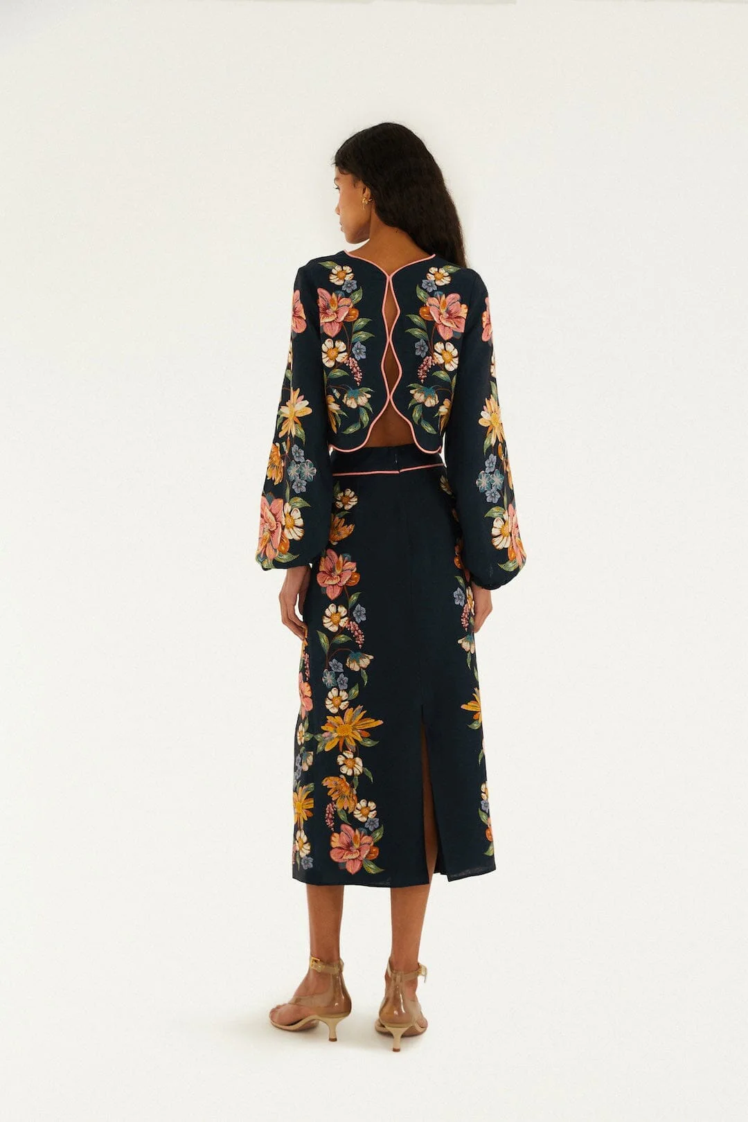 Dark Blue Maira Floral Euroflax Premium Linen Midi Skirt - Image 3