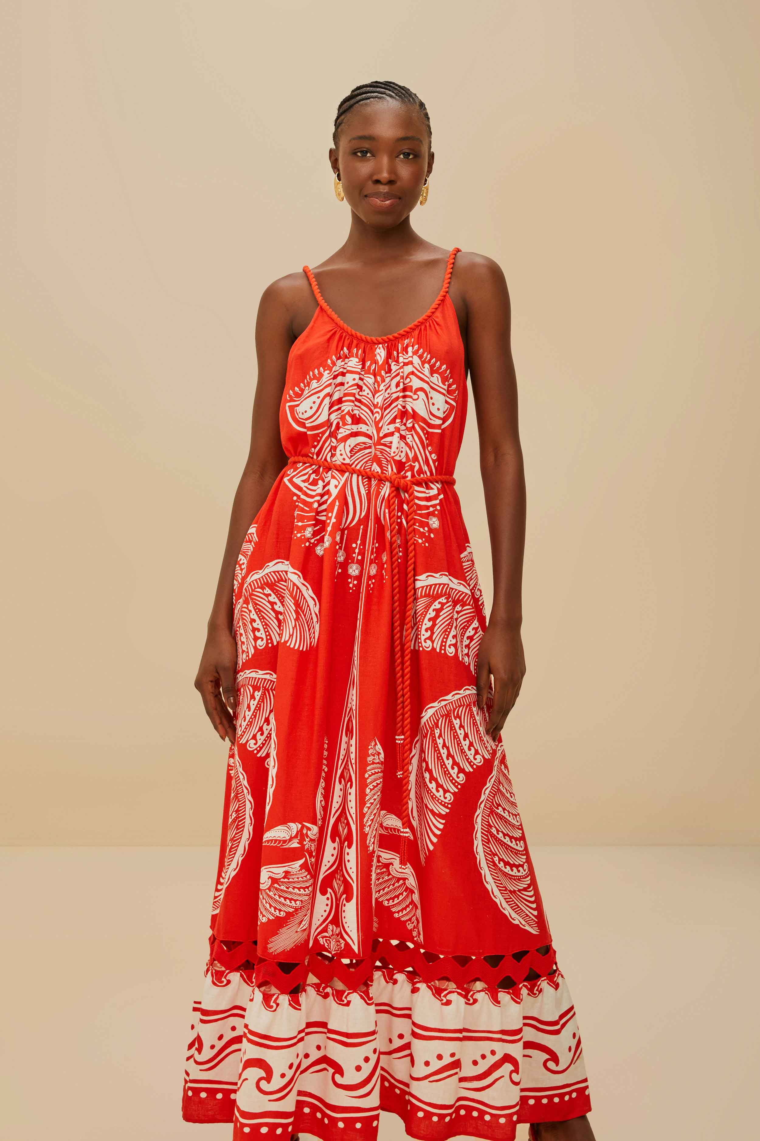 Red Majestic Coconut Tree LENZING™ ECOVERO™ Euroflax™ Maxi Dress - Image 3