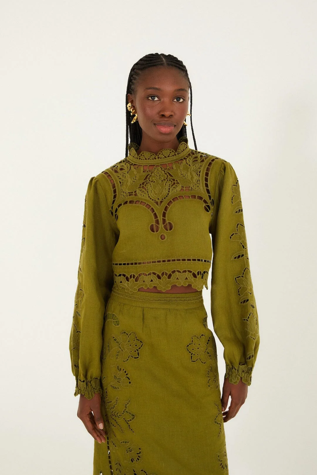 Green Majestic Garden Euroflax Premium Linen Richelieu Blouse