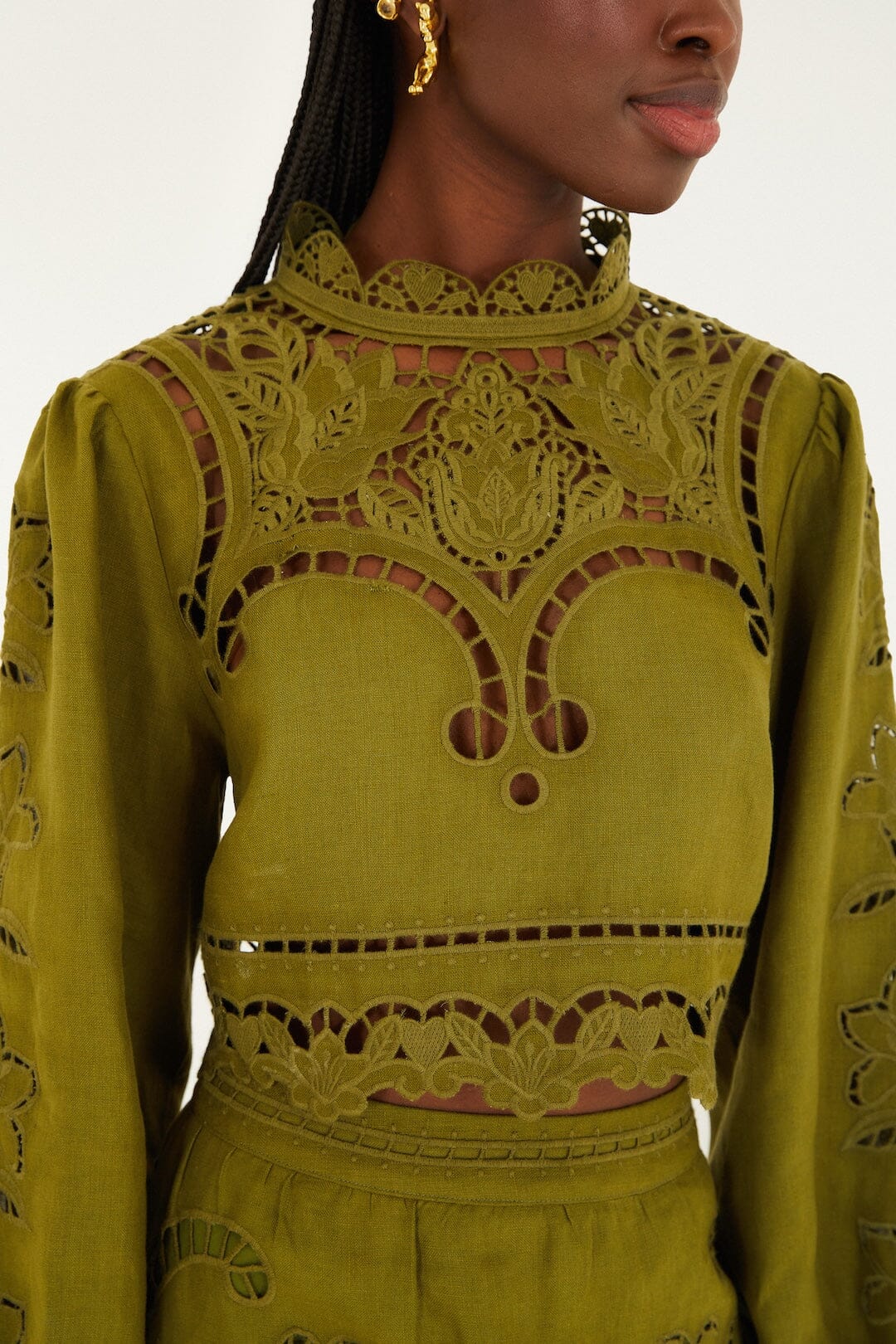 Green Majestic Garden Euroflax Premium Linen Richelieu Blouse - Image 2