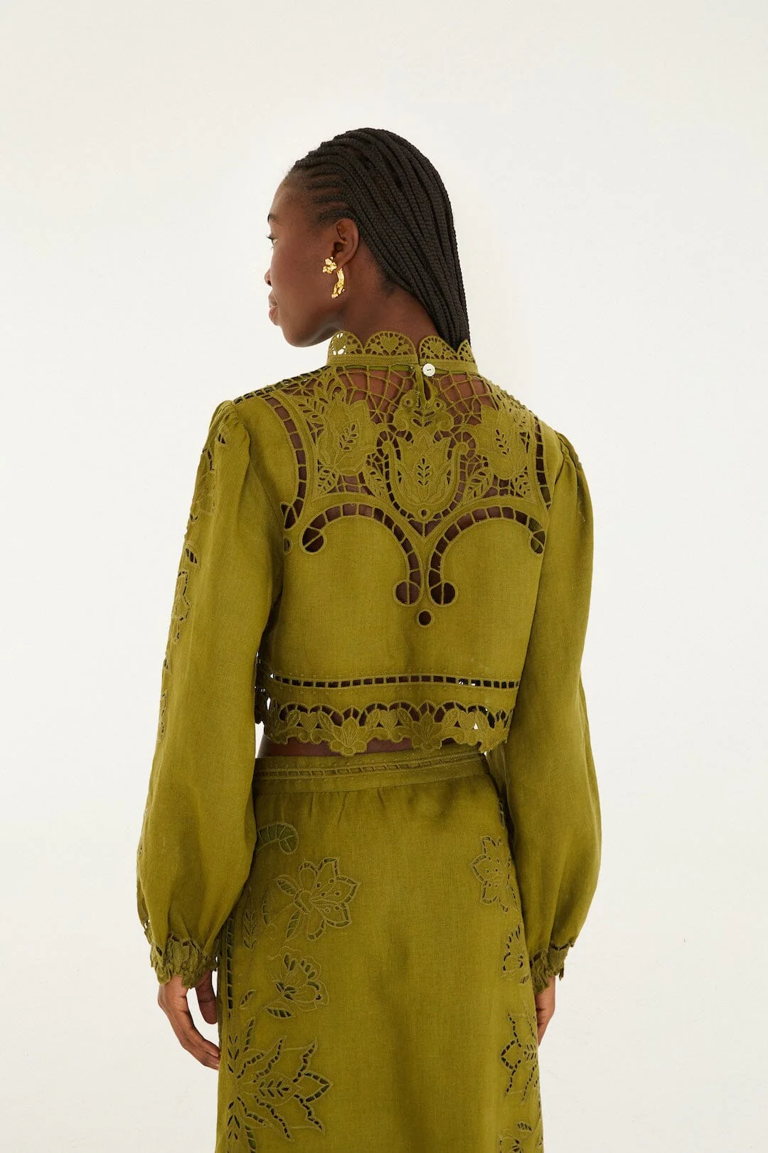 Green Majestic Garden Euroflax Premium Linen Richelieu Blouse - Image 3