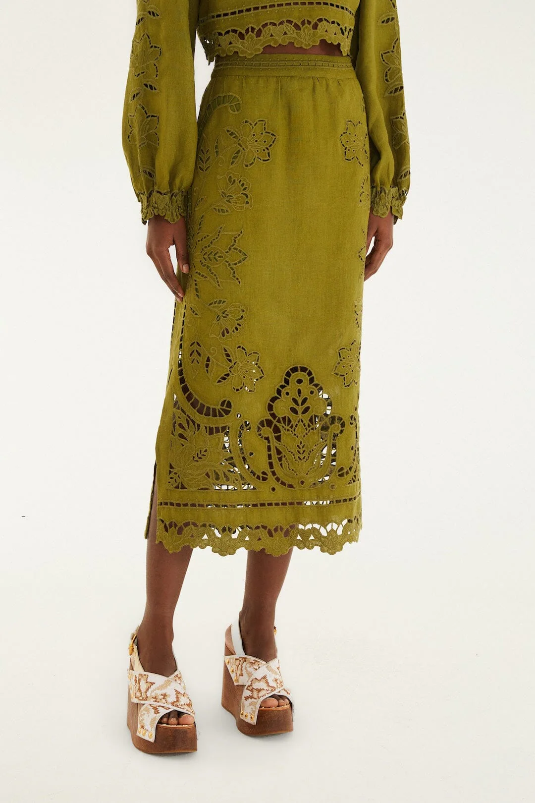 Green Majestic Garden Euroflax Premium Linen Richelieu Midi Skirt - Image 2