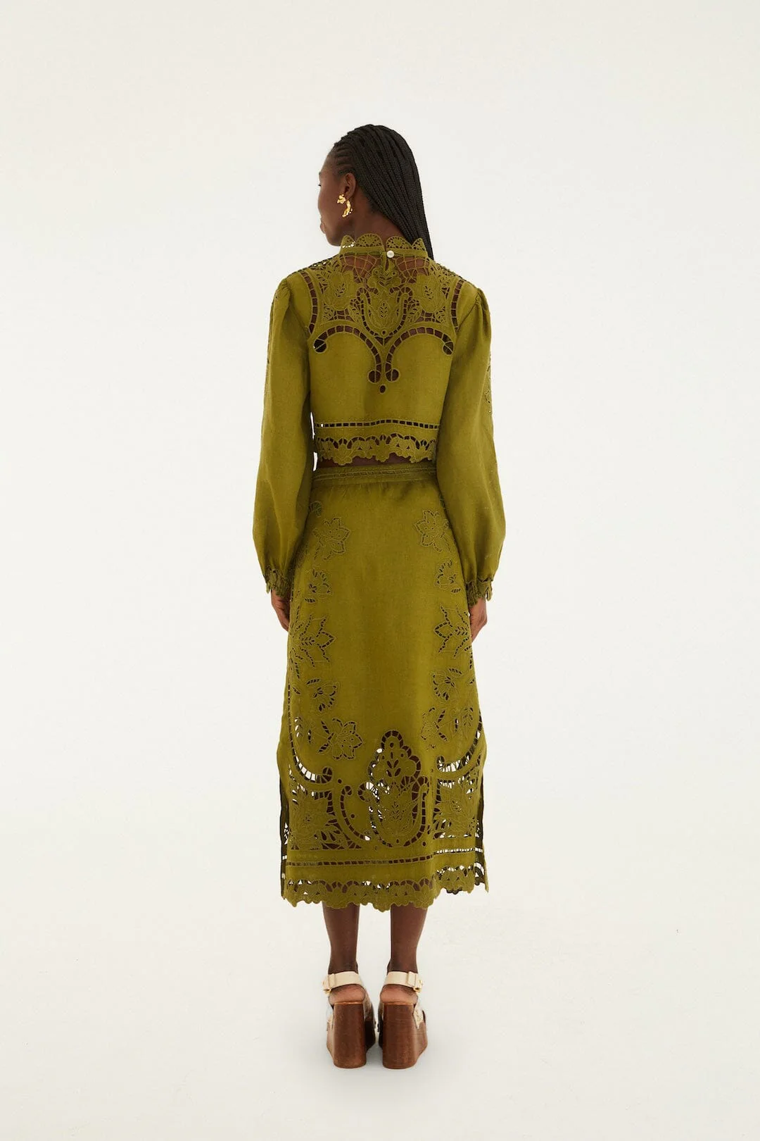 Green Majestic Garden Euroflax Premium Linen Richelieu Midi Skirt - Image 3