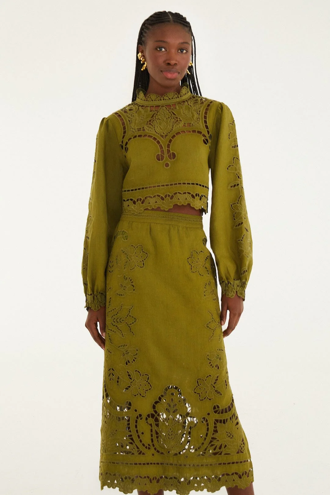 Green Majestic Garden Euroflax Premium Linen Richelieu Midi Skirt - Image 4