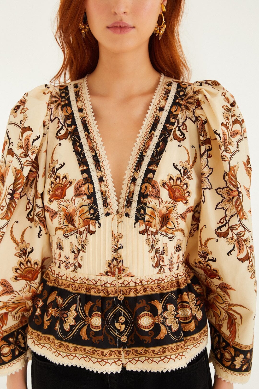 Sand Majestic Garden Lace Puff Sleeve Organic Cotton Blouse - Image 2
