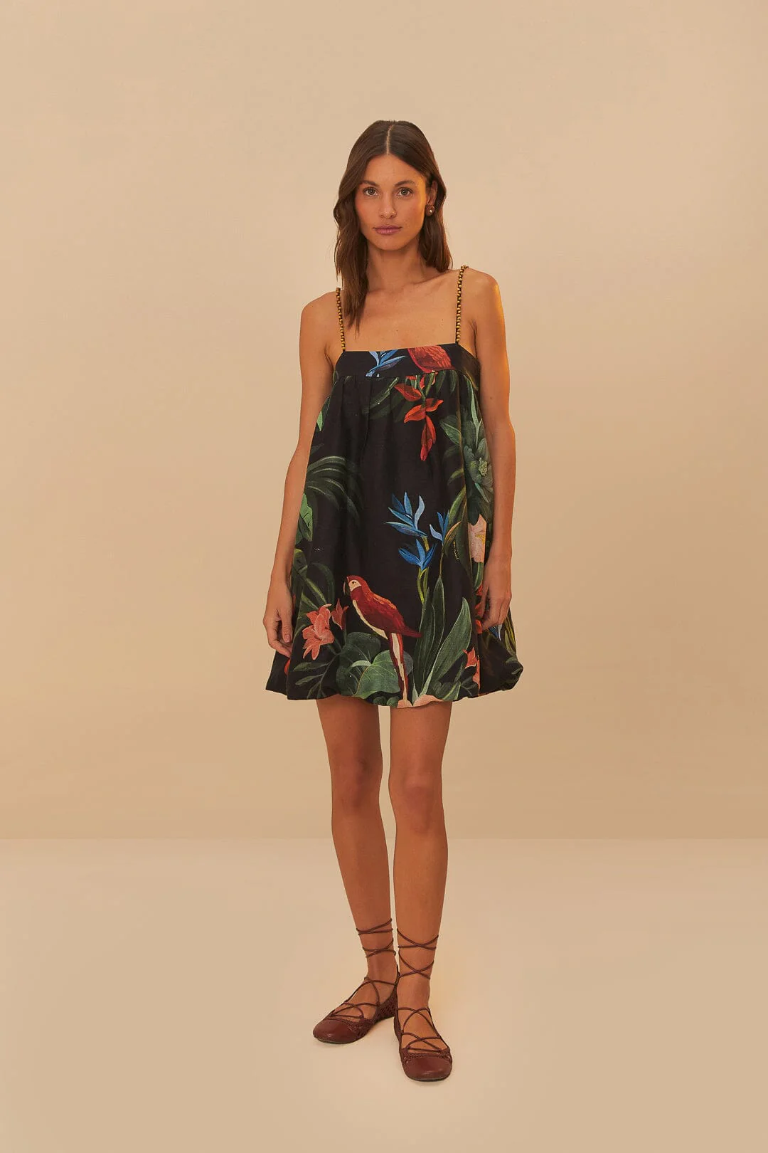 MIDNIGHT MACAW FIESTA BLACK SLEEVELESS MINI DRESS