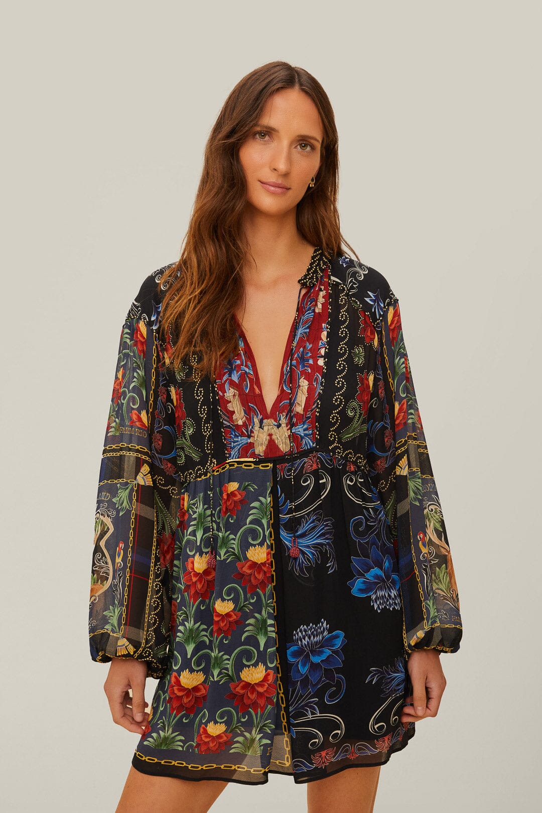 Black Mixed Arabesque Scarves Long Sleeve Mini Dress - Image 2