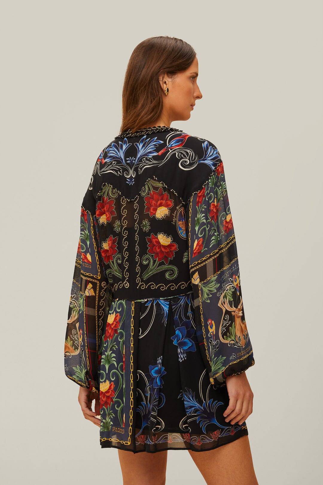 Black Mixed Arabesque Scarves Long Sleeve Mini Dress - Image 4