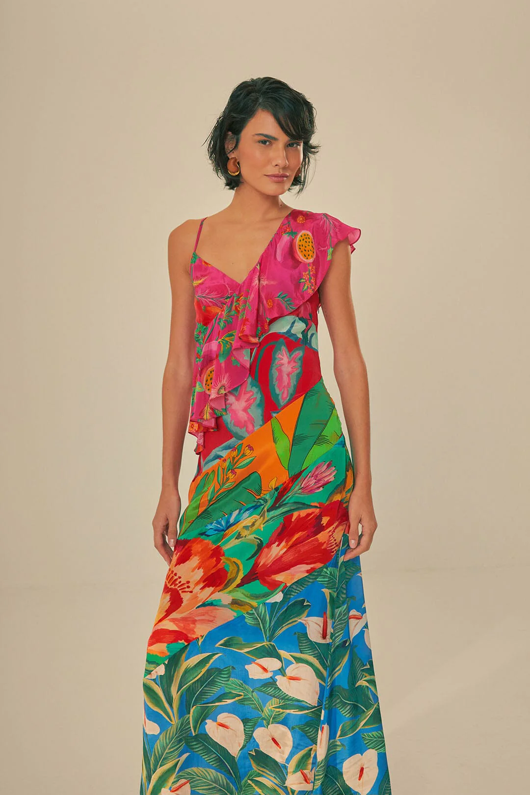 Mixed Flowery Rufle One Strap Midi Dress - Image 3