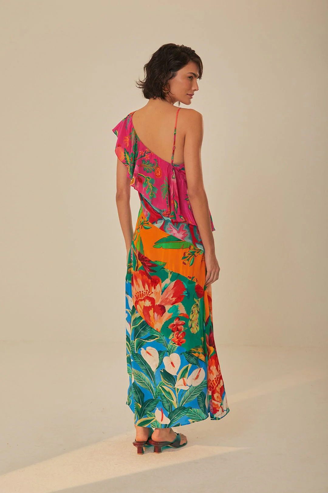 Mixed Flowery Rufle One Strap Midi Dress - Image 4
