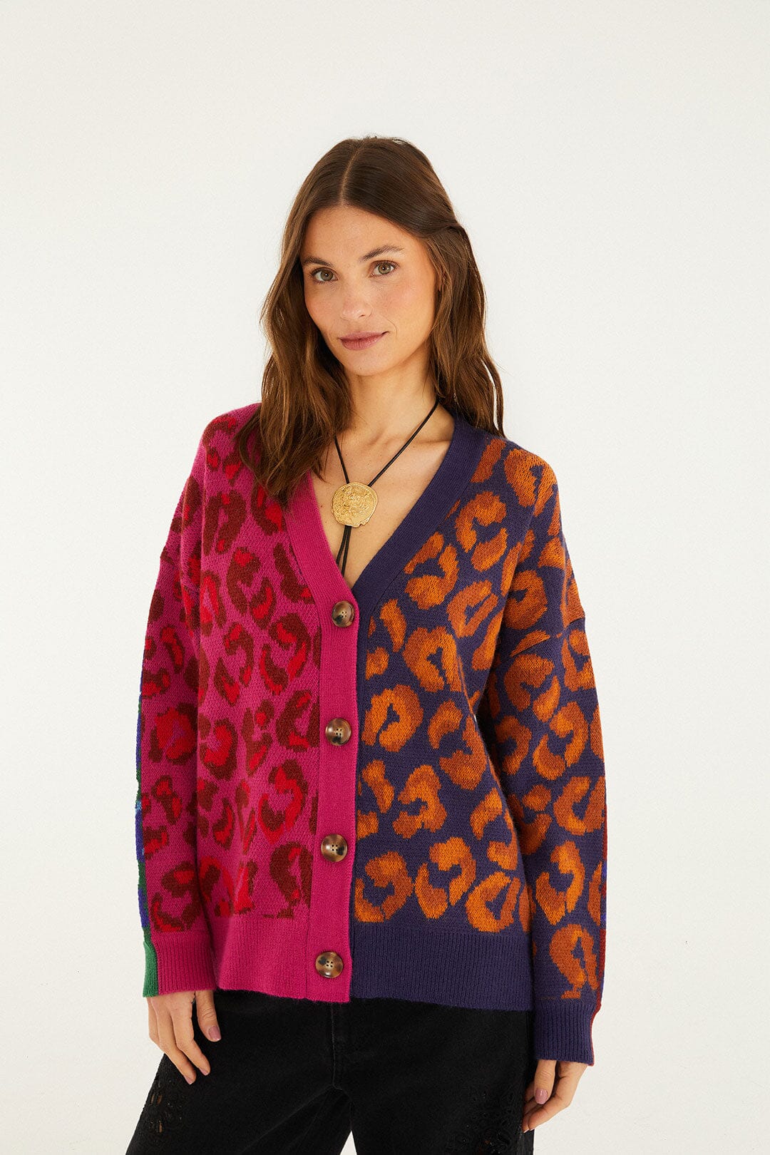 Mixed Ikat Leopard Buttoned Knit Cardigan