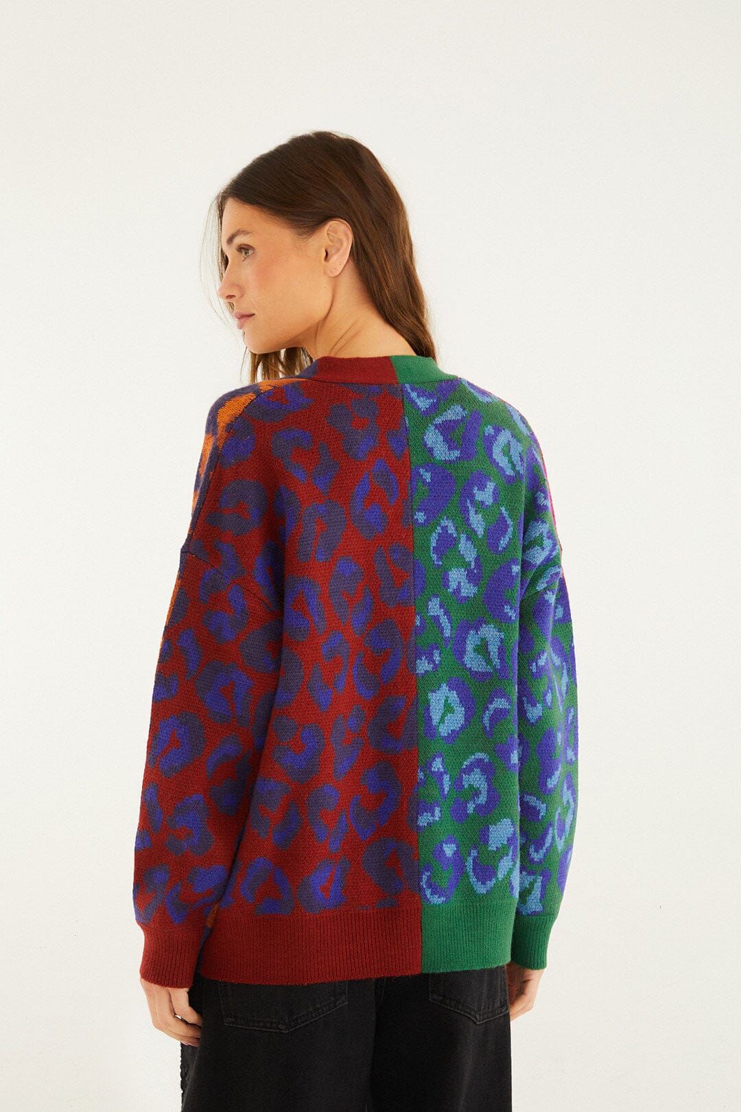 Mixed Ikat Leopard Buttoned Knit Cardigan - Image 3