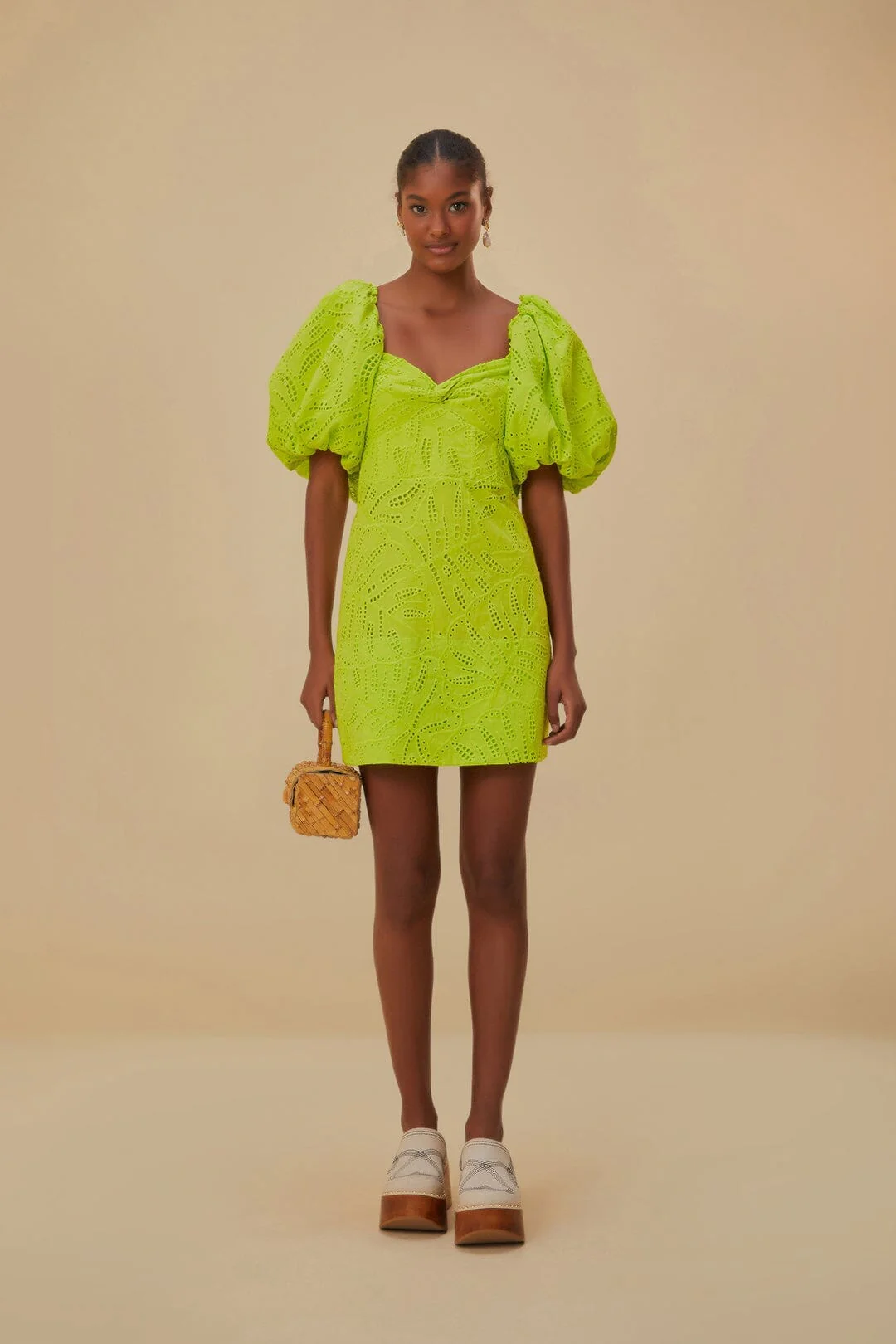 Green Monstera Eyelet Short Sleeve Mini Dress - Image 3