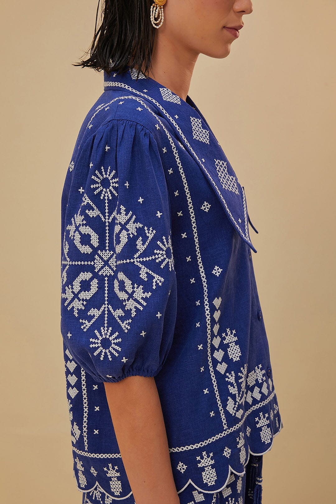 Navy Blue Embroidered Short Sleeve Shirt - Image 3