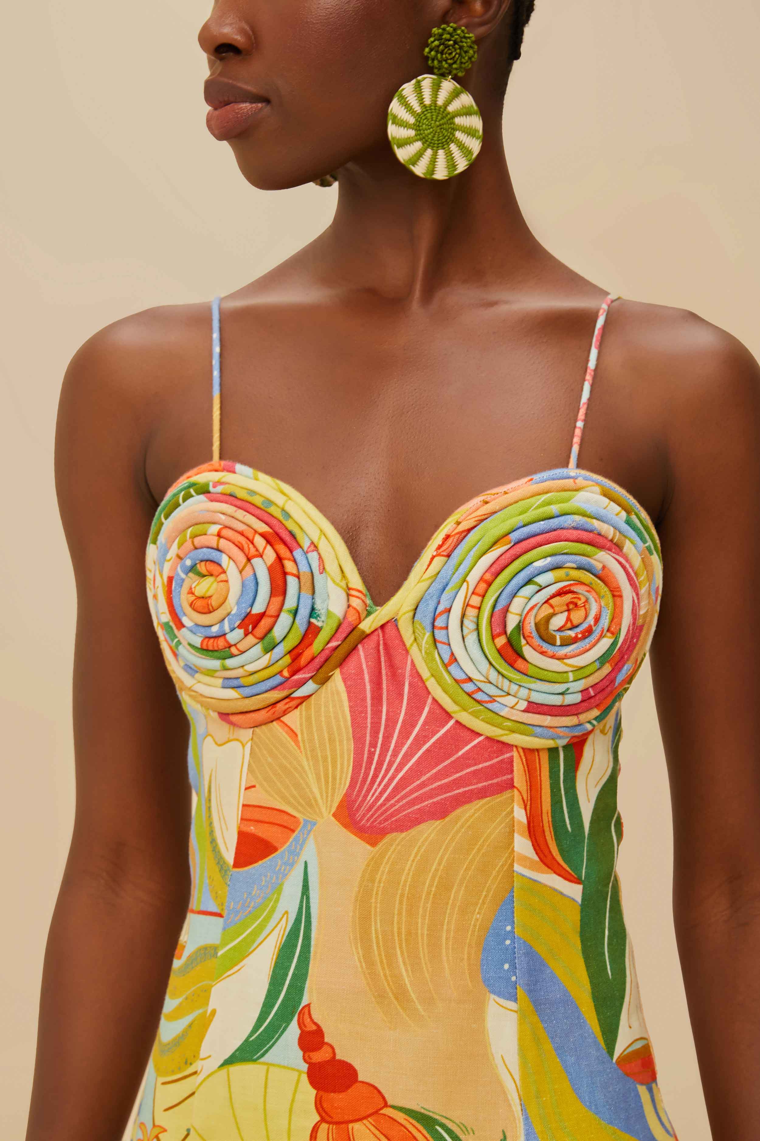 Multicolor Ocean View Twisted Cups Euroflax™ Premium Linen Midi Dress - Image 2