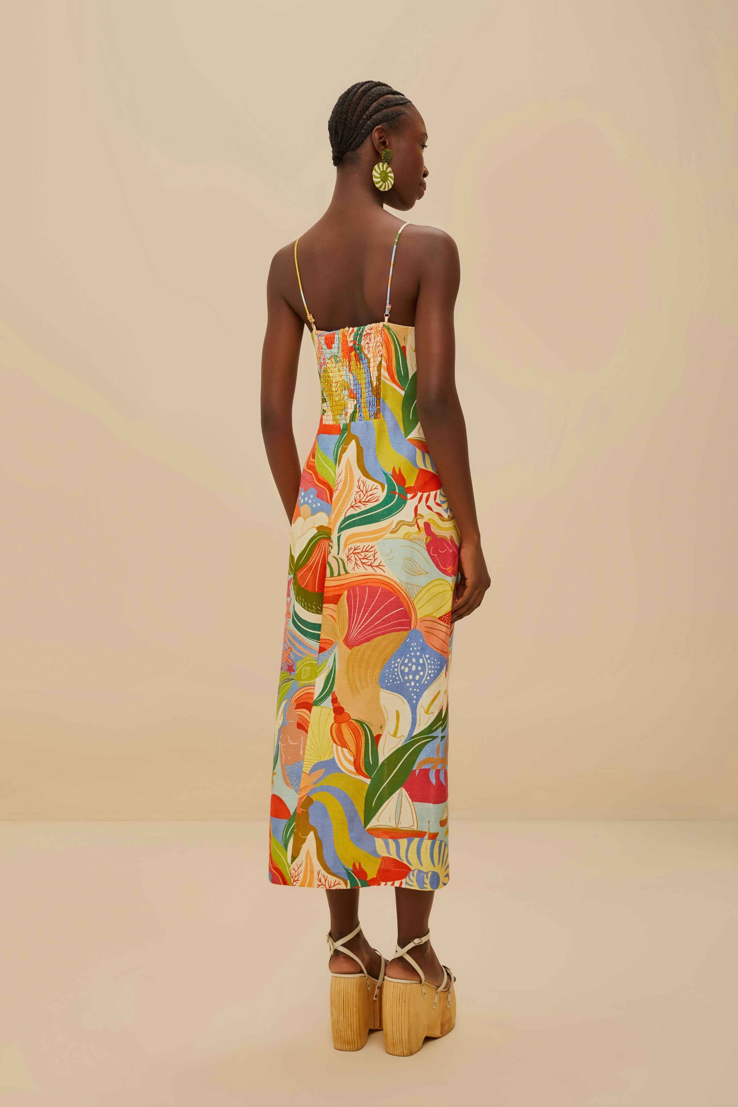 Multicolor Ocean View Twisted Cups Euroflax™ Premium Linen Midi Dress - Image 4