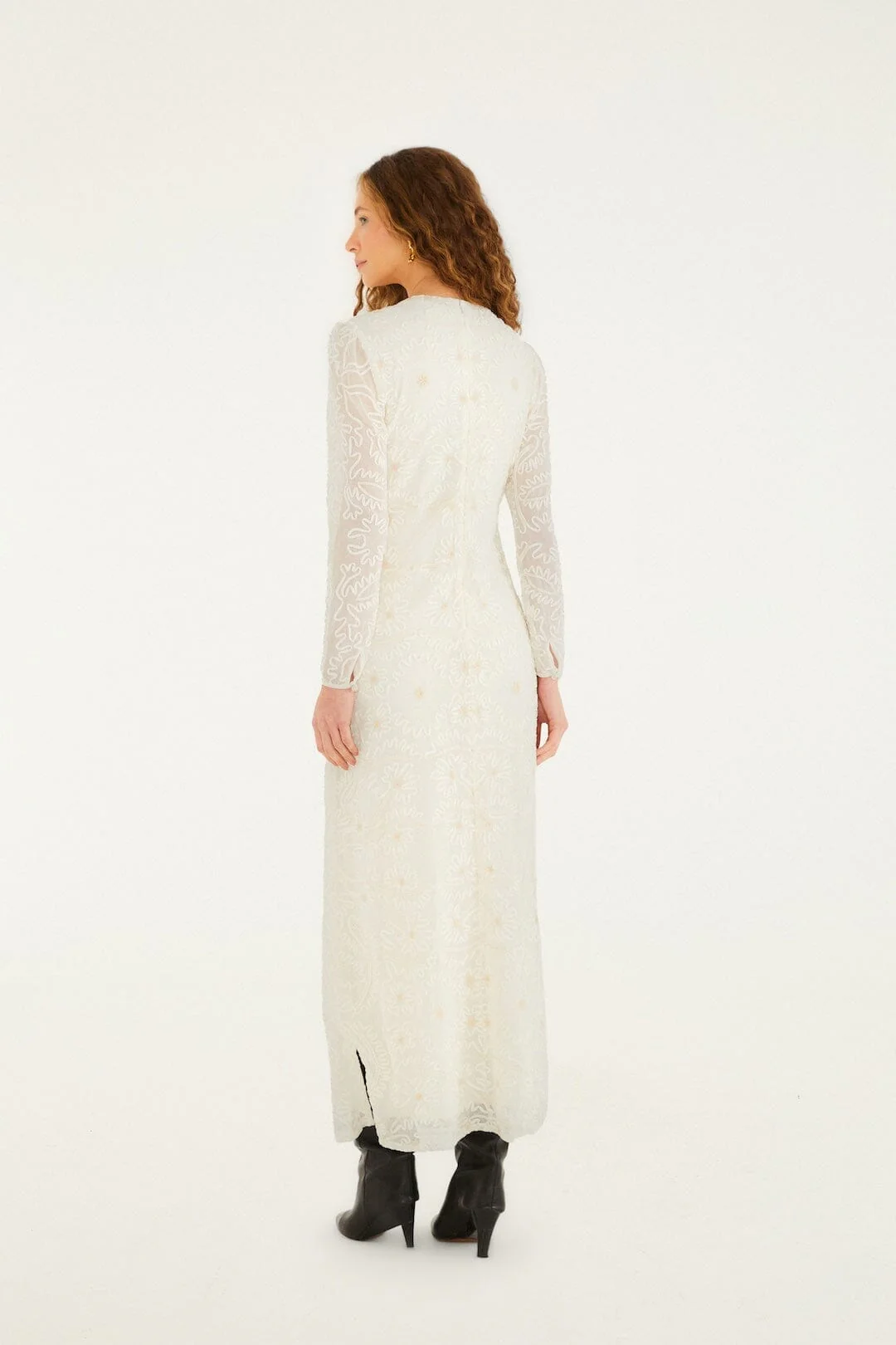 Off-White Embroidered Crew Neck Long Sleeve Maxi Dress - Image 3