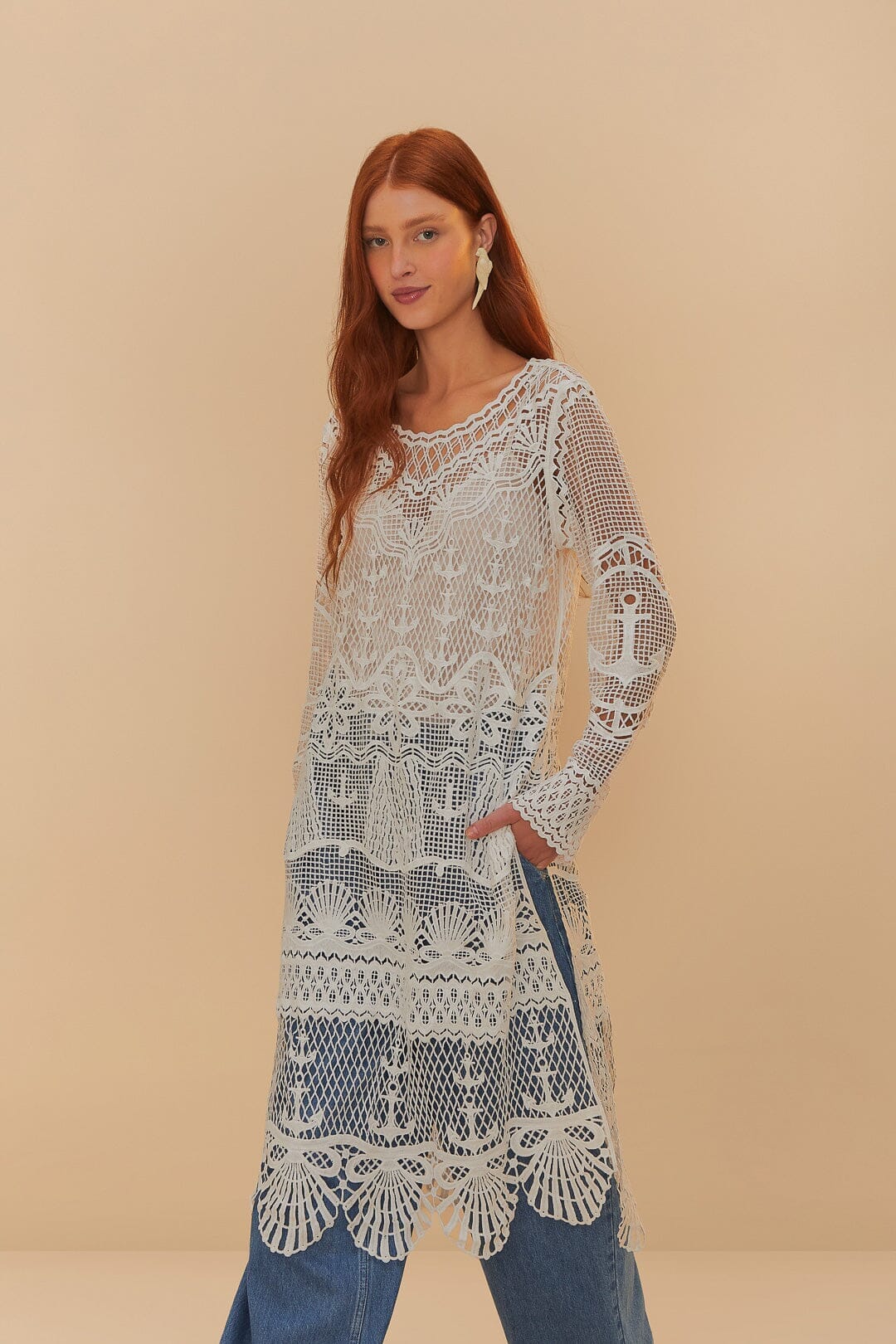 Off-White Nautical Guipure Long Sleeve Midi Dress - Image 2