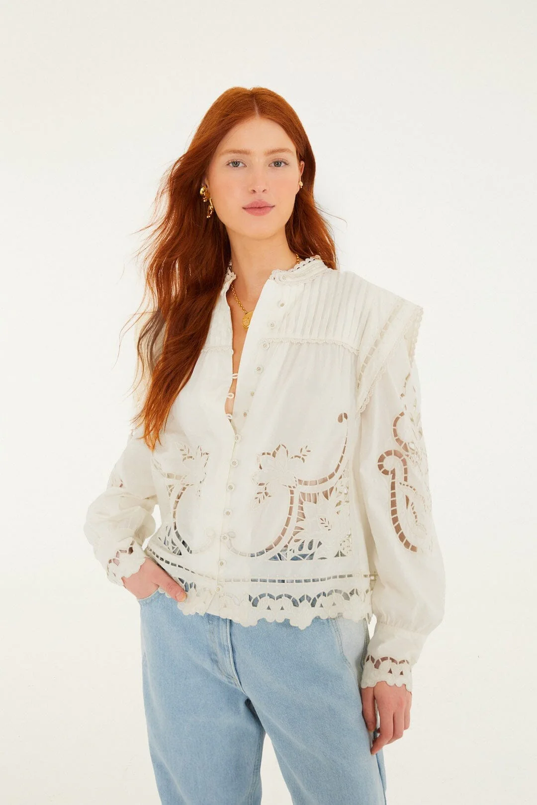 Off-White Richelieu Puff Sleeve Organic Cotton Blouse