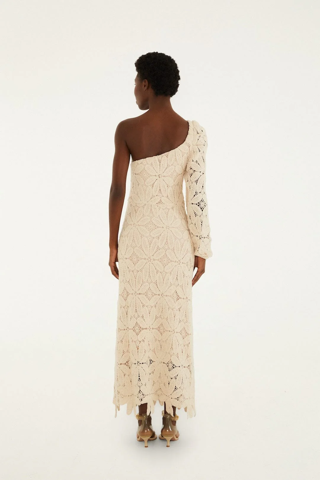 Off-White One-Shoulder Crochet Flower Maxi Dress - Image 4