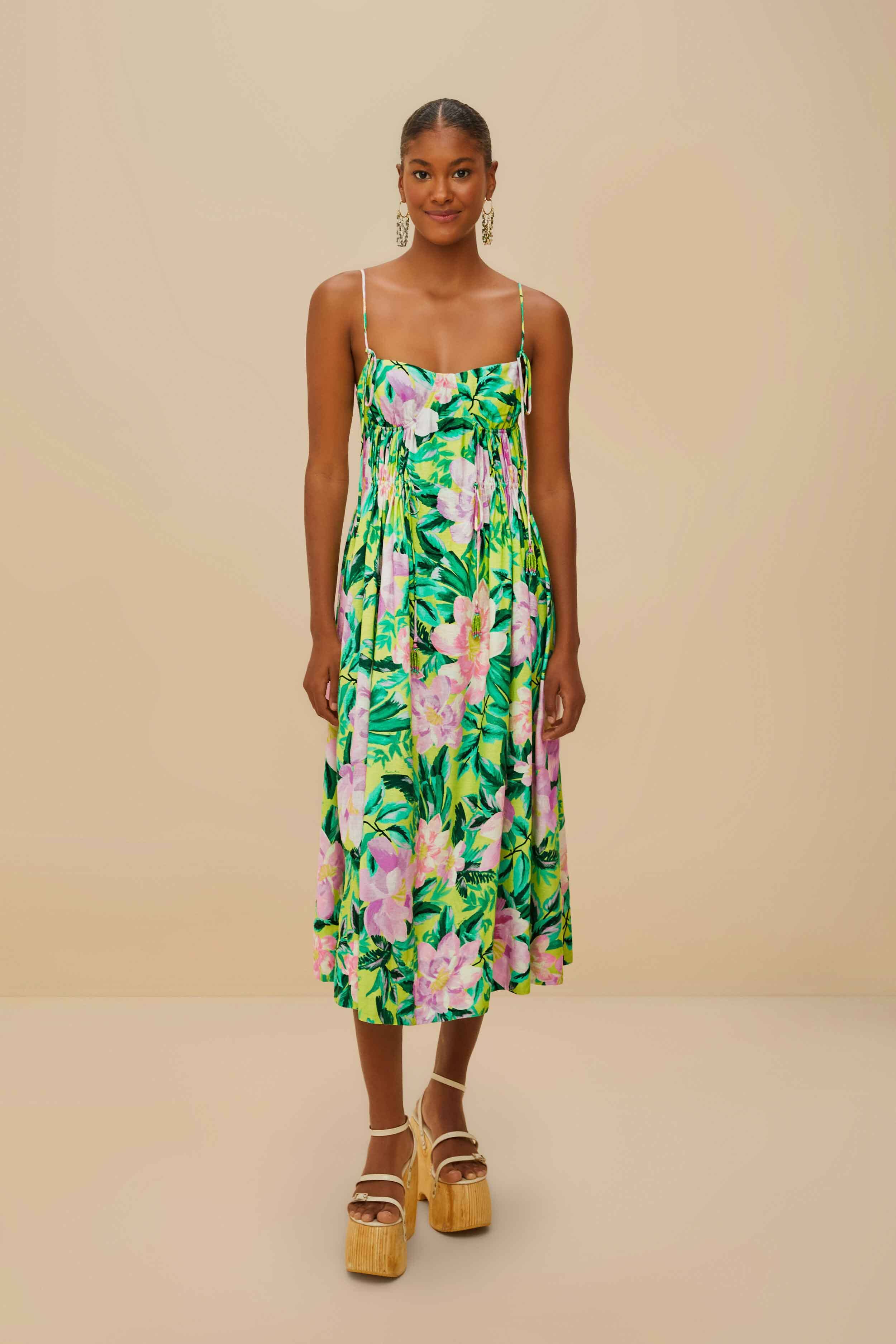 Green Painted Flowers LENZING™ ECOVERO™ Euroflax™ Midi Dress