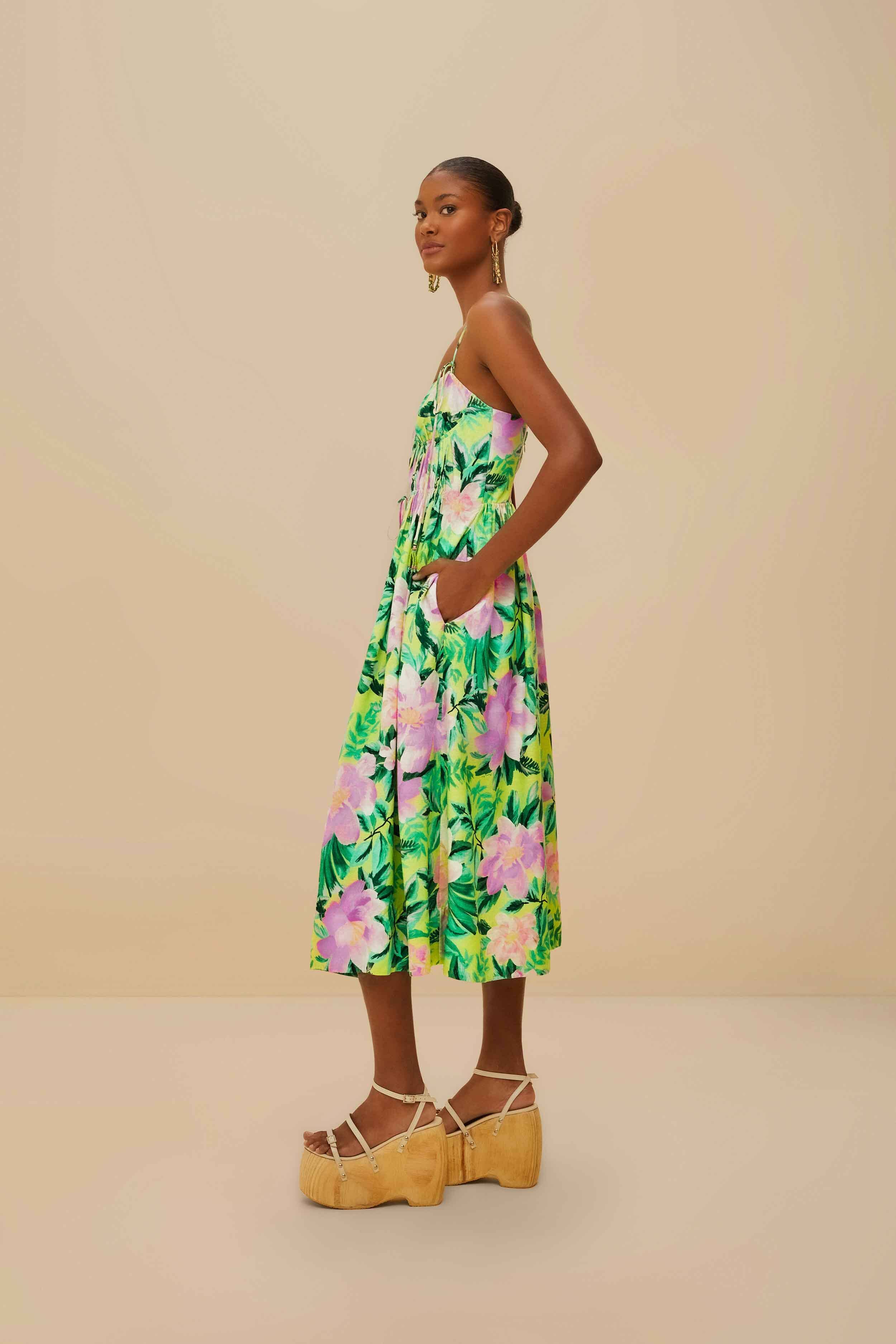 Green Painted Flowers LENZING™ ECOVERO™ Euroflax™ Midi Dress - Image 3