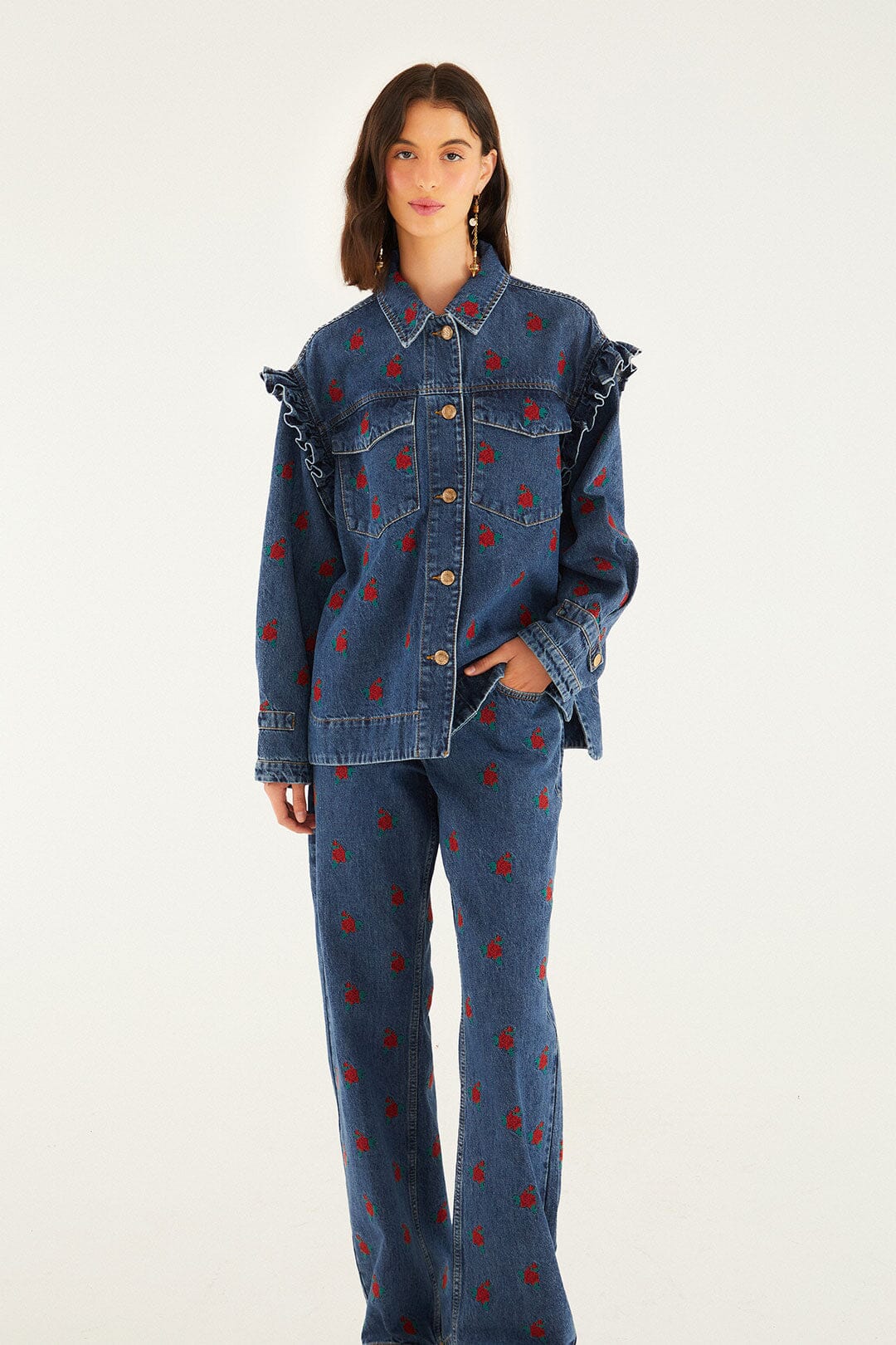 Denim Embroidered Flowers Pants - Image 3
