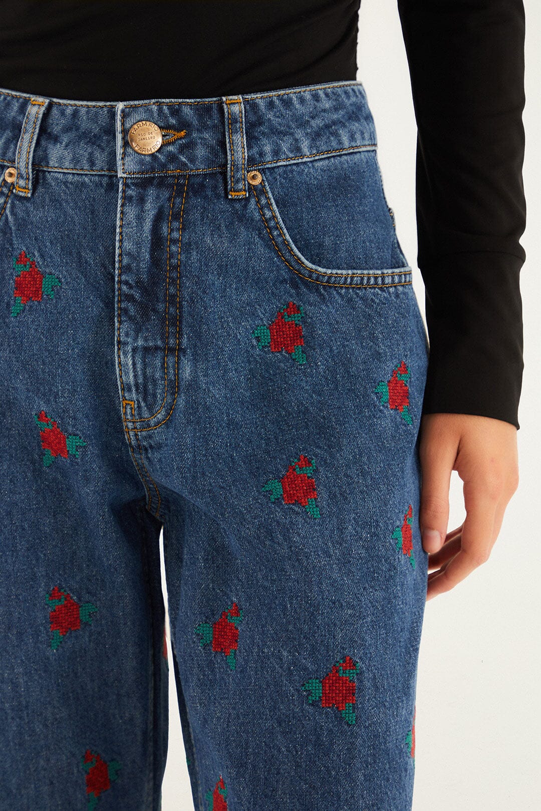 Denim Embroidered Flowers Pants - Image 5