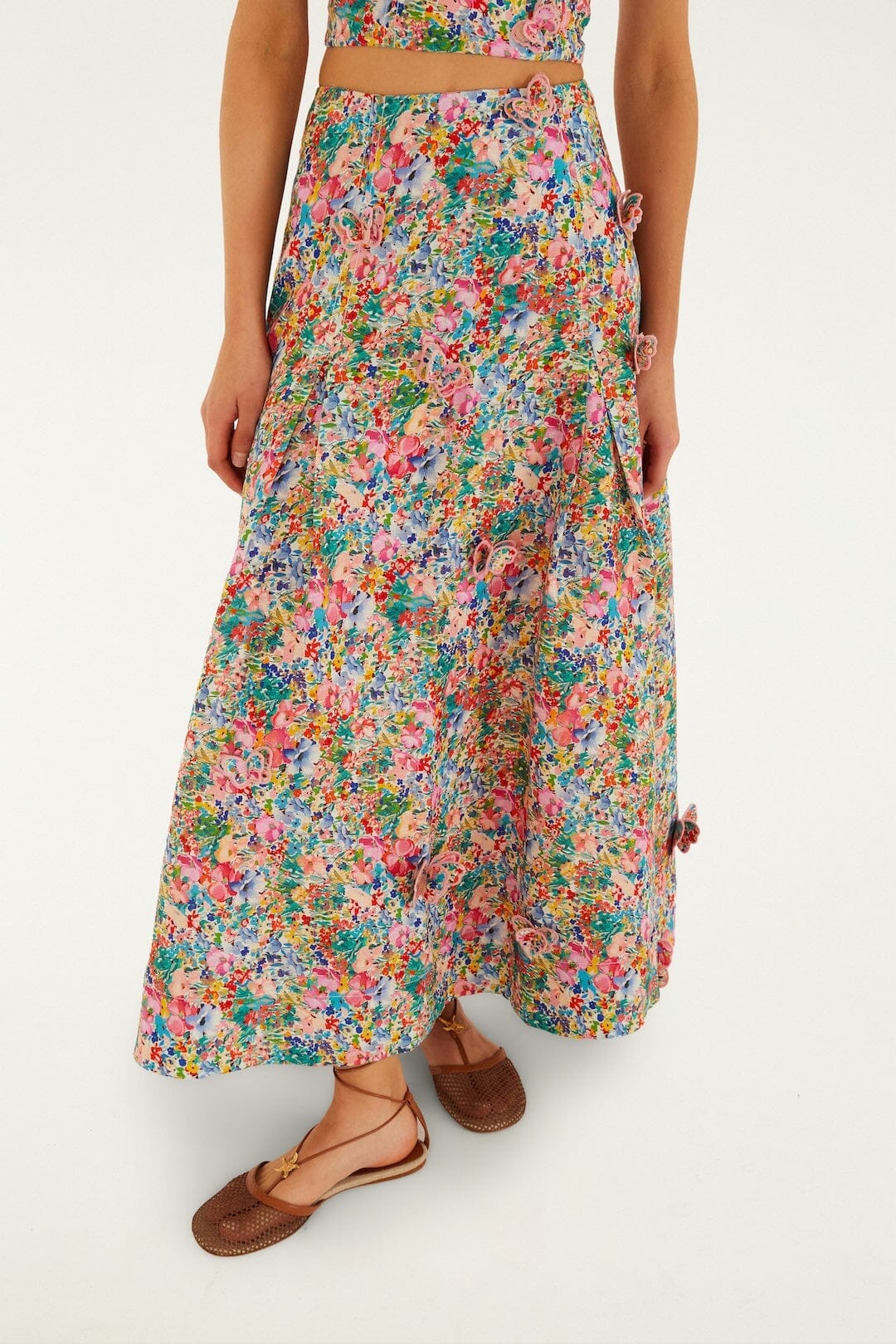 Off-White Peasant Floral Butterflies Euroflax Premium Linen Maxi Skirt - Image 2
