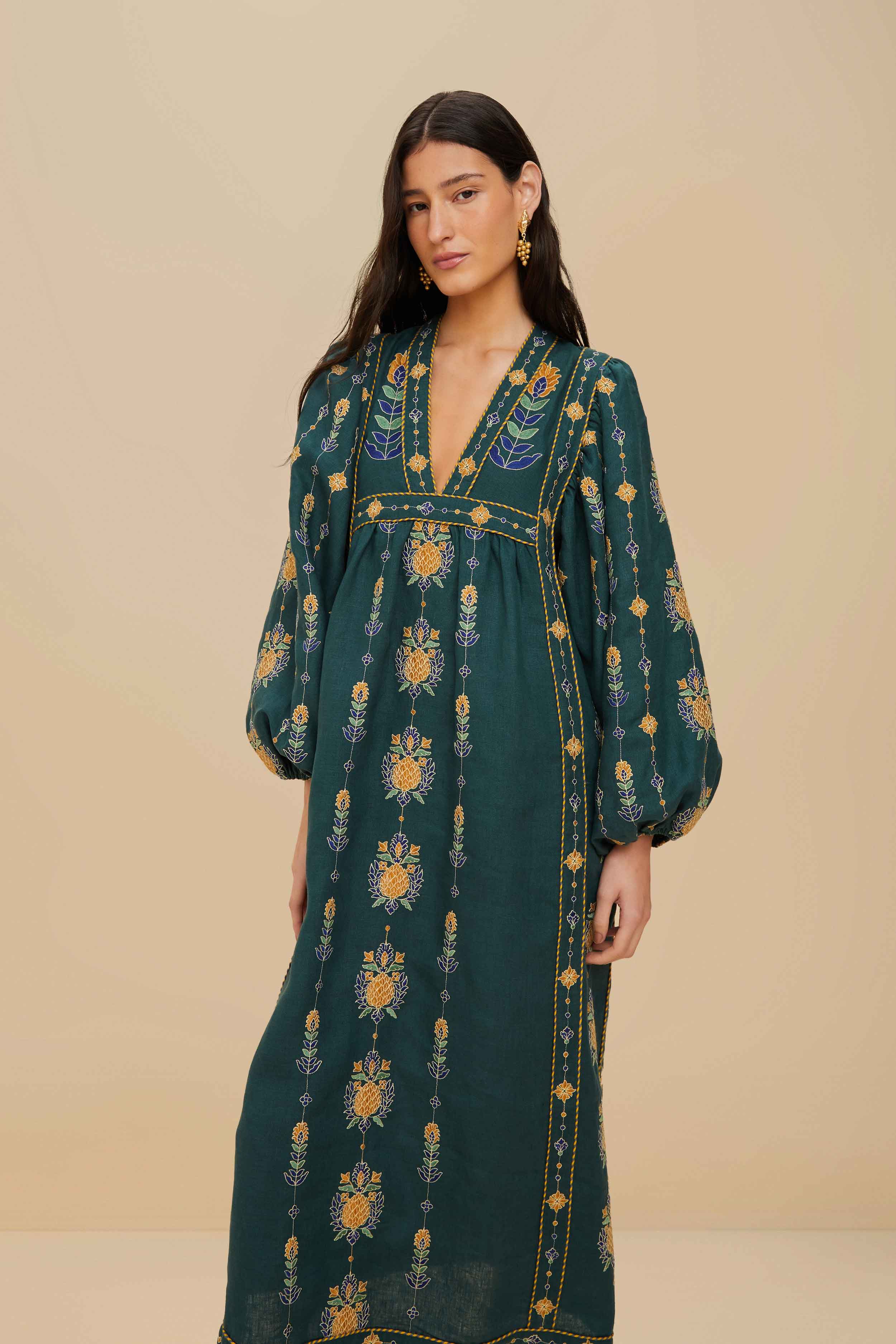 Green Pineapple Embroidered Euroflax™ Premium Linen Tunic Maxi Dress - Image 2