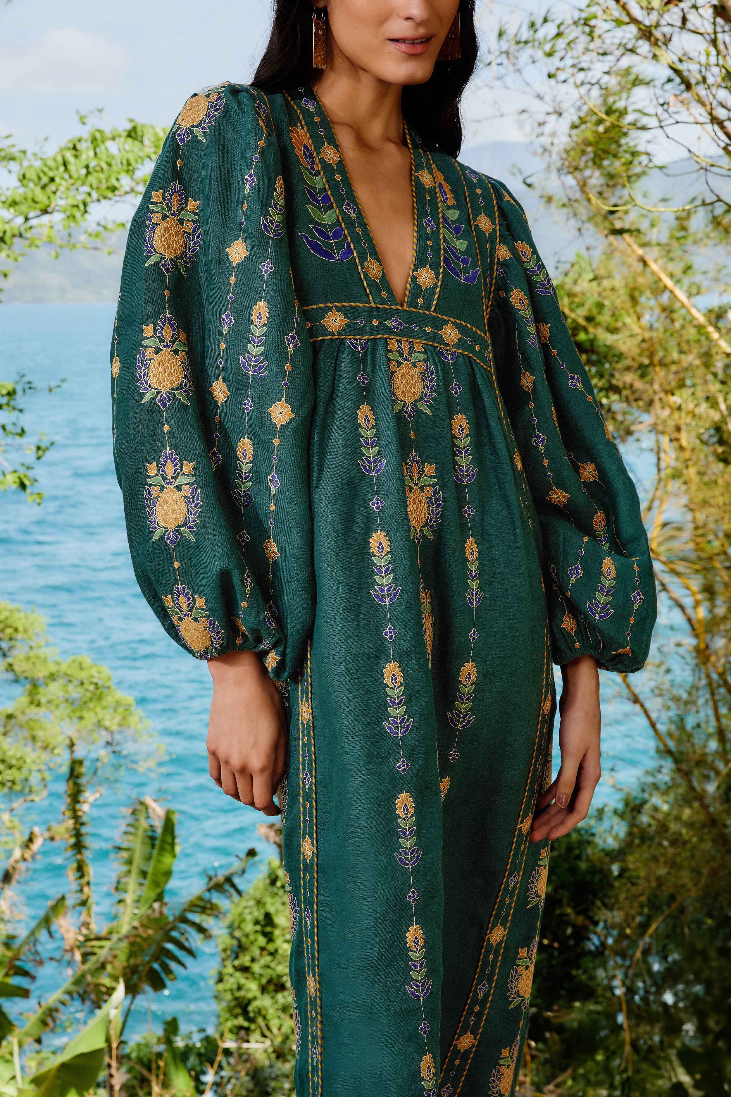 Green Pineapple Embroidered Euroflax™ Premium Linen Tunic Maxi Dress - Image 3