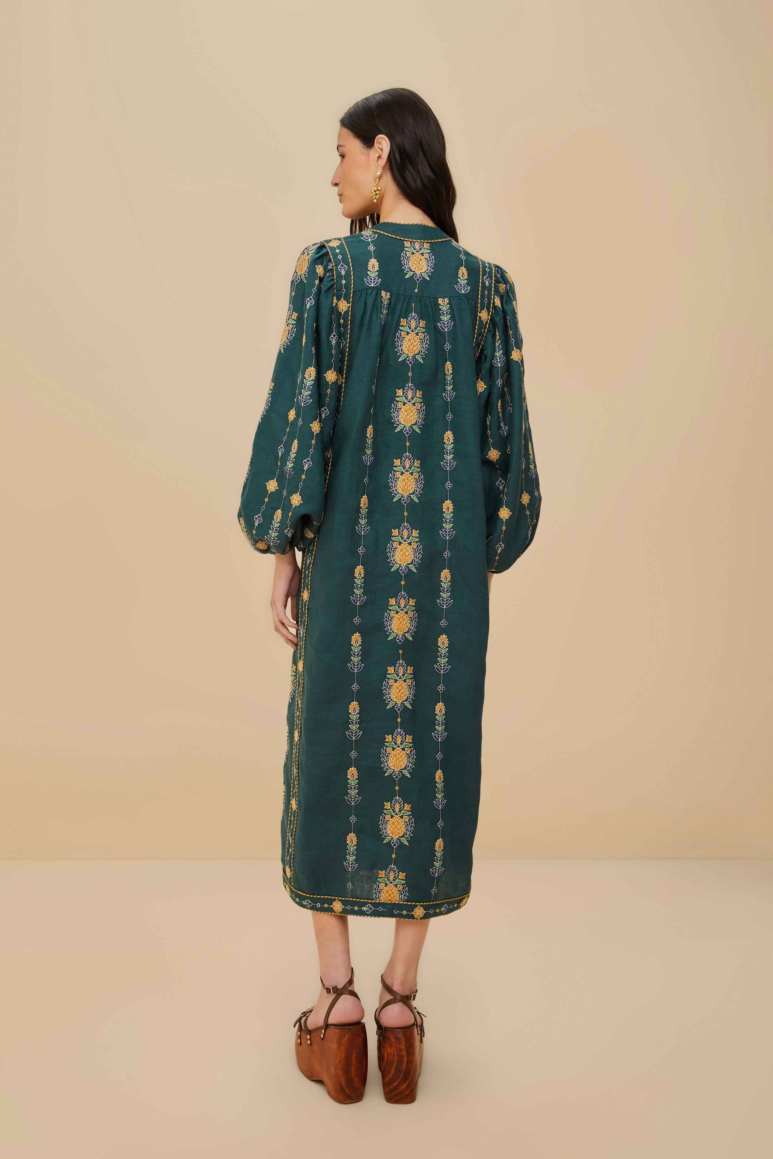 Green Pineapple Embroidered Euroflax™ Premium Linen Tunic Maxi Dress - Image 4