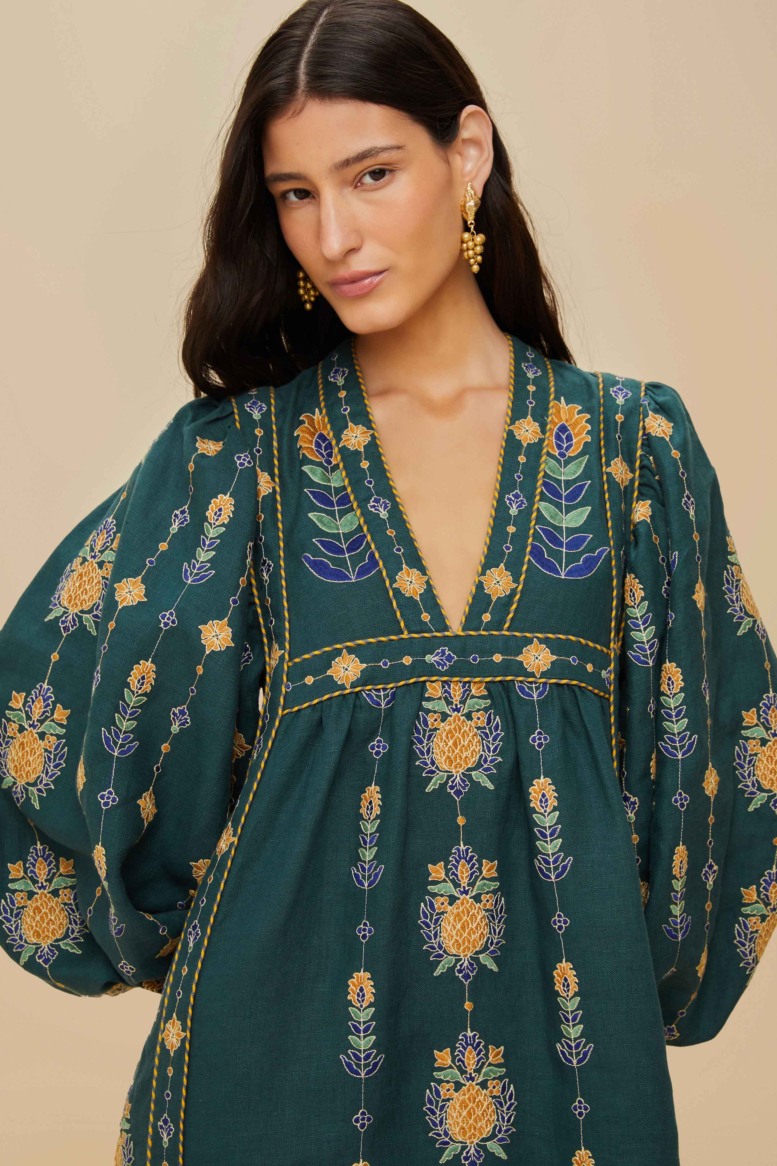 Green Pineapple Embroidered Euroflax™ Premium Linen Tunic Maxi Dress - Image 5