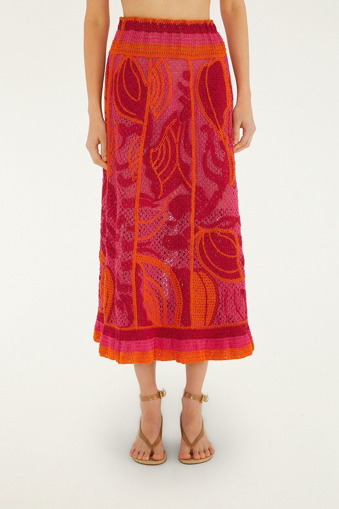 Pink And Orange Seashell Crochet Midi Skirt - Image 2