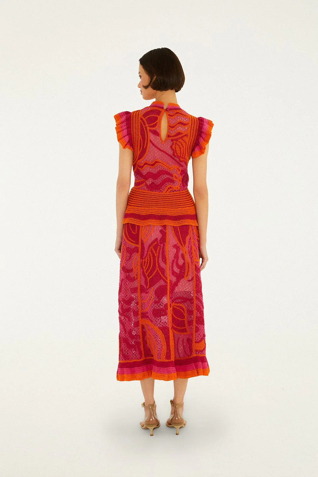 Pink And Orange Seashell Crochet Midi Skirt - Image 3