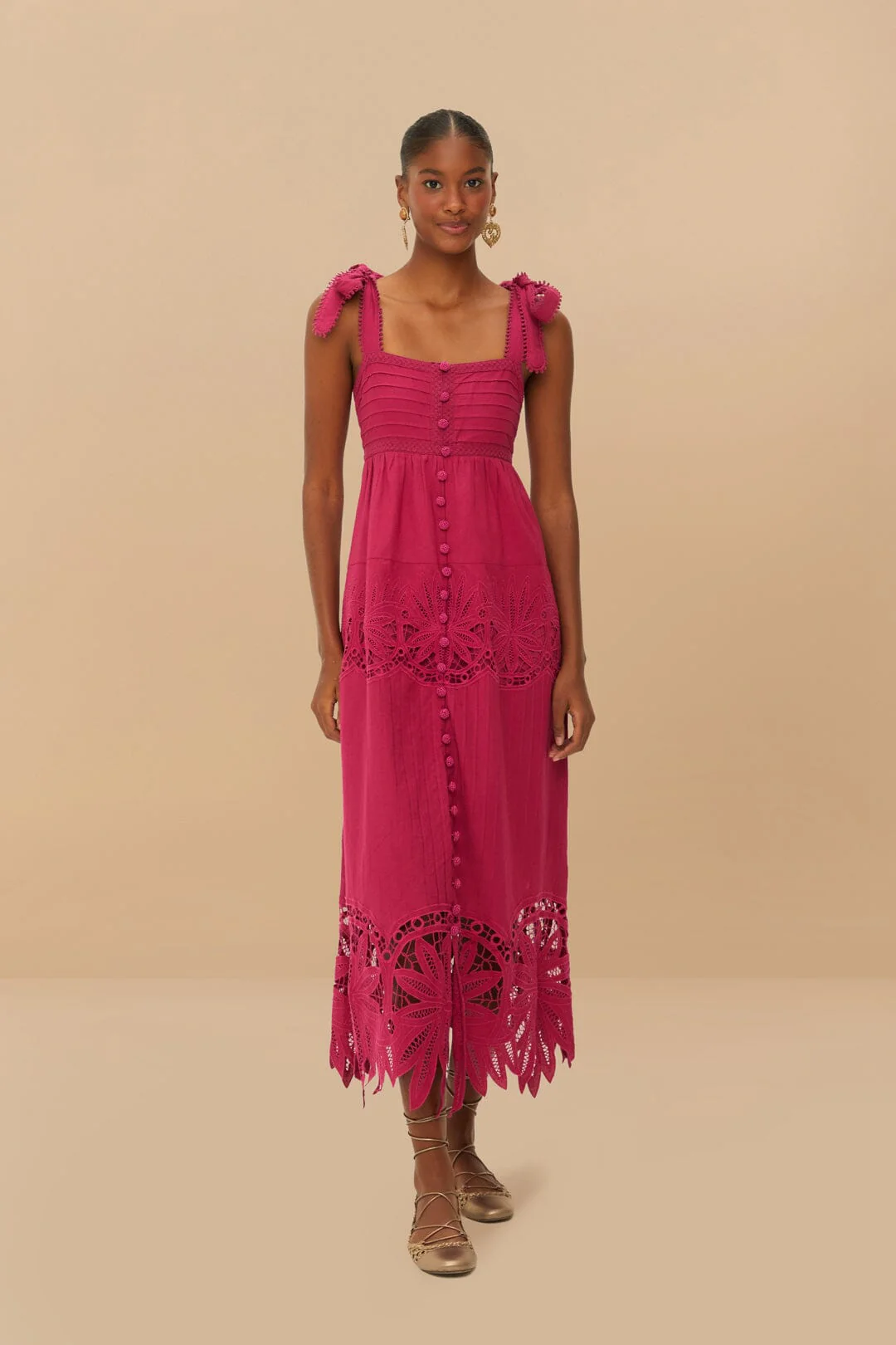 Pink Daisy Embroidered Sleeveless Midi Dress