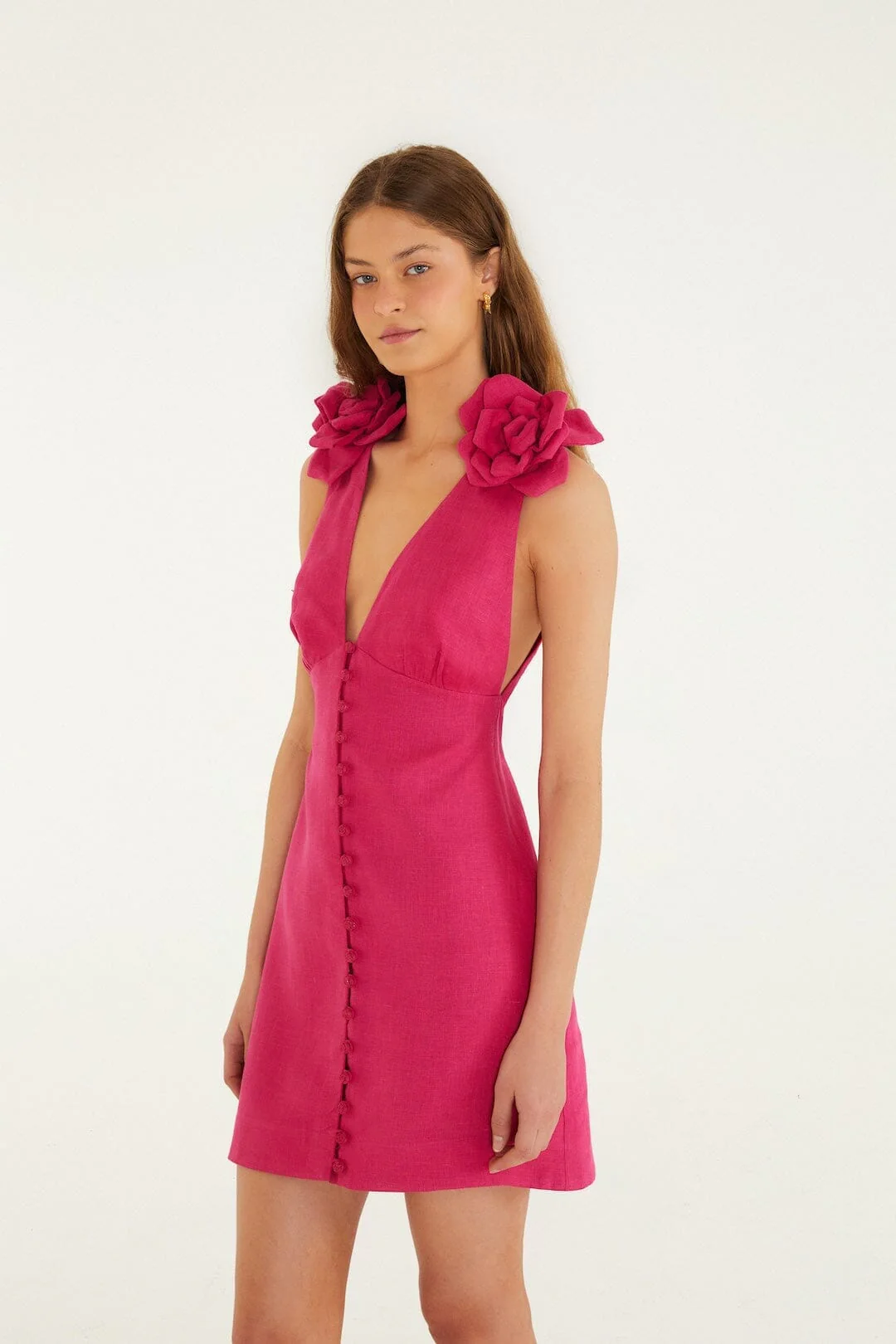 Pink 3d Flower Euroflax Premium Linen Mini Dress - Image 4