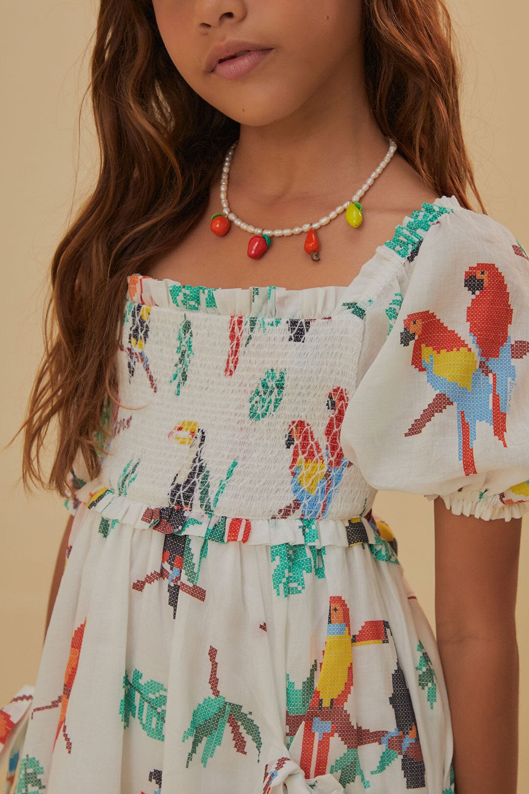 Pink Stitched Birds Kids Dress - Image 3