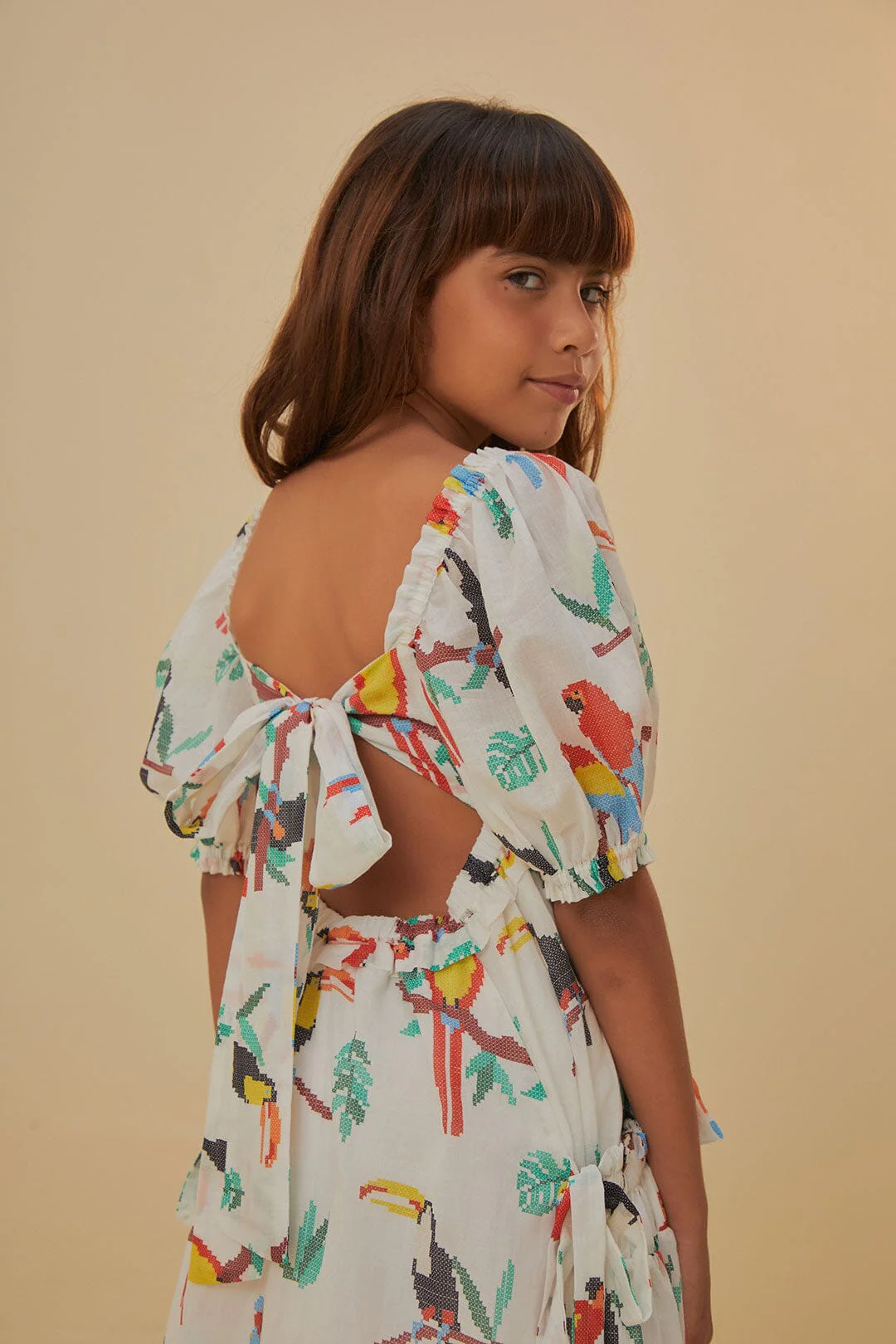 Pink Stitched Birds Kids Dress - Image 4