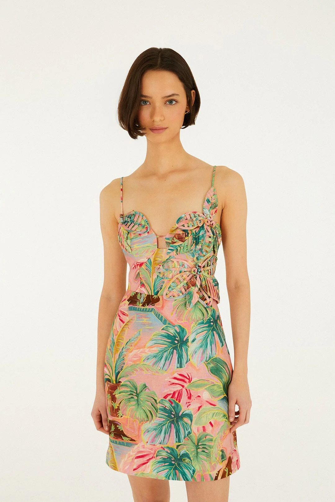 Soft Pink Pool Time 3d Flowers Euroflax Premium Linen Mini Dress - Image 4