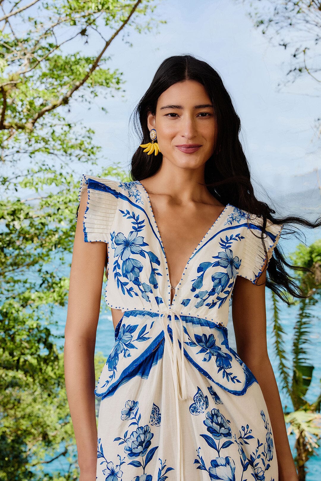 Off-White Porcelain Garden Butterlfy LENZING ECOVERO Euroflax Midi Dress - Image 2