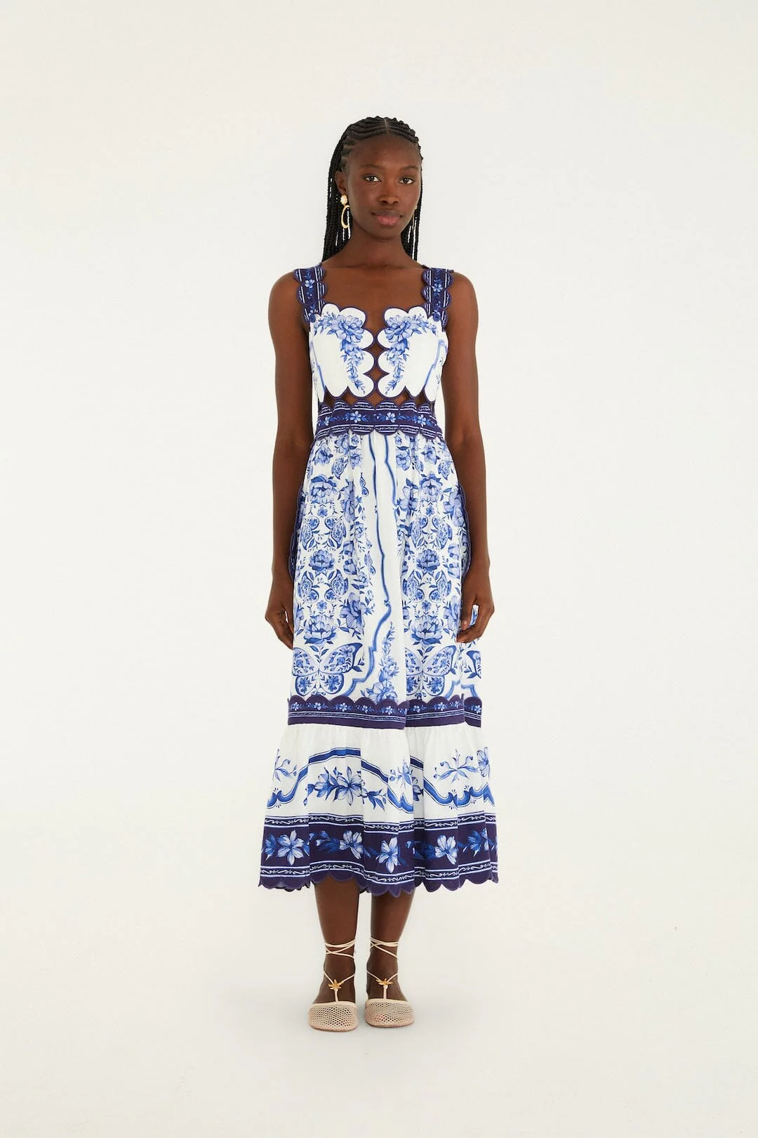 Off-White Porcelain Garden Cut-Out Lenzing Ecovero Euroflax Midi Dress