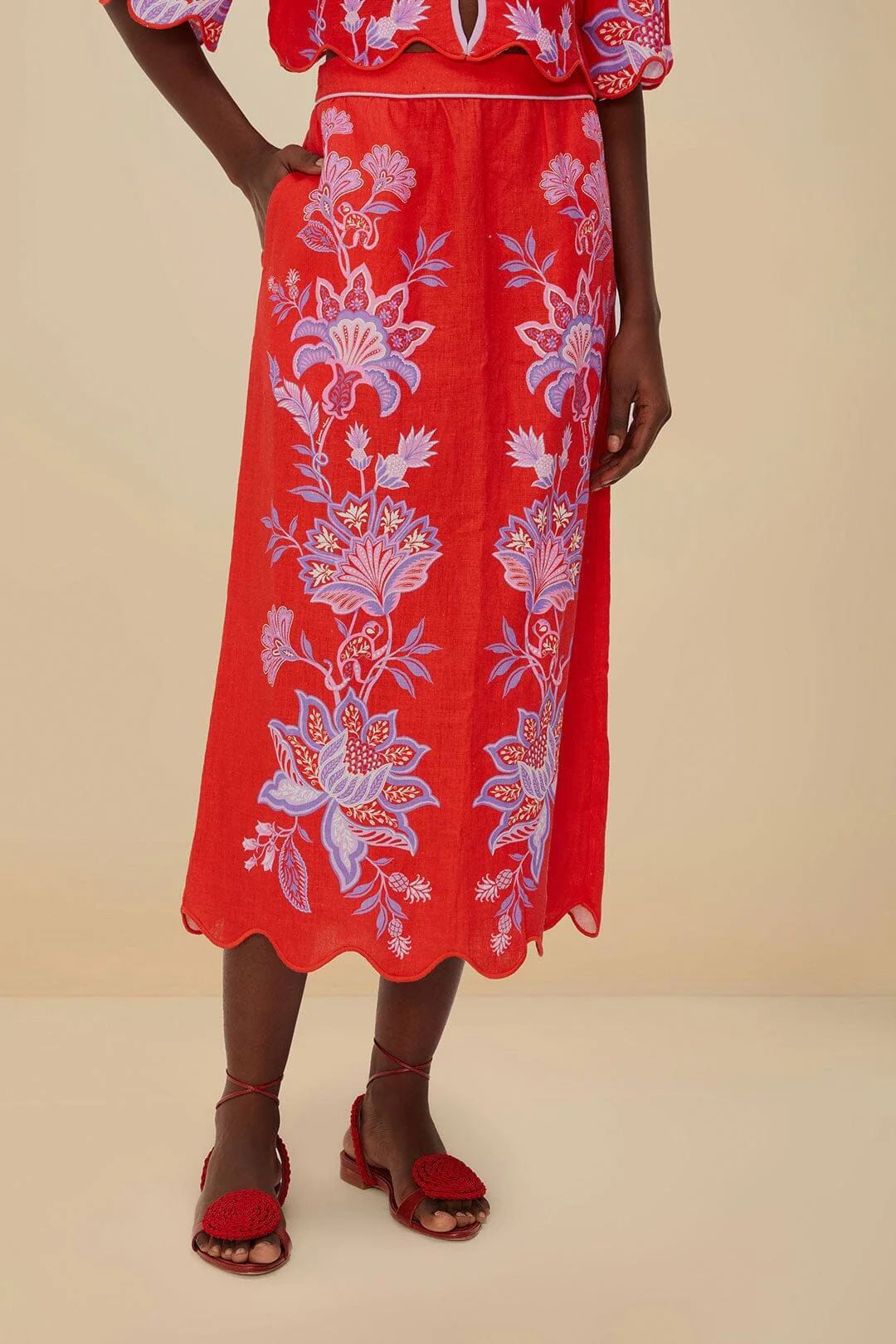 Red Porcelain Garden Euroflax™ Premium Linen Midi Skirt - Image 3