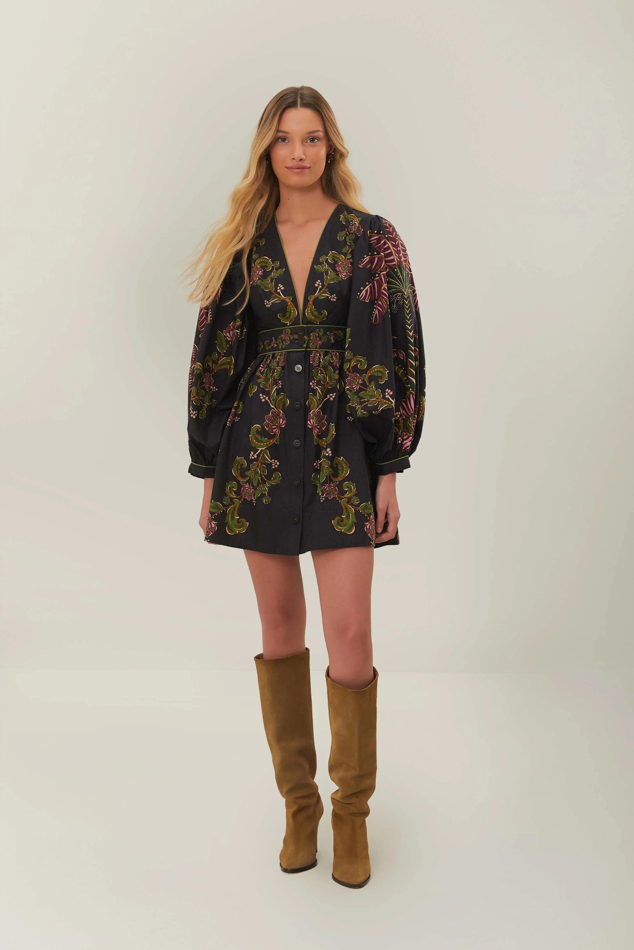 RAVENALA BLACK V NECKLINE PUFFED SLEEVE MINI DRESS - Image 2