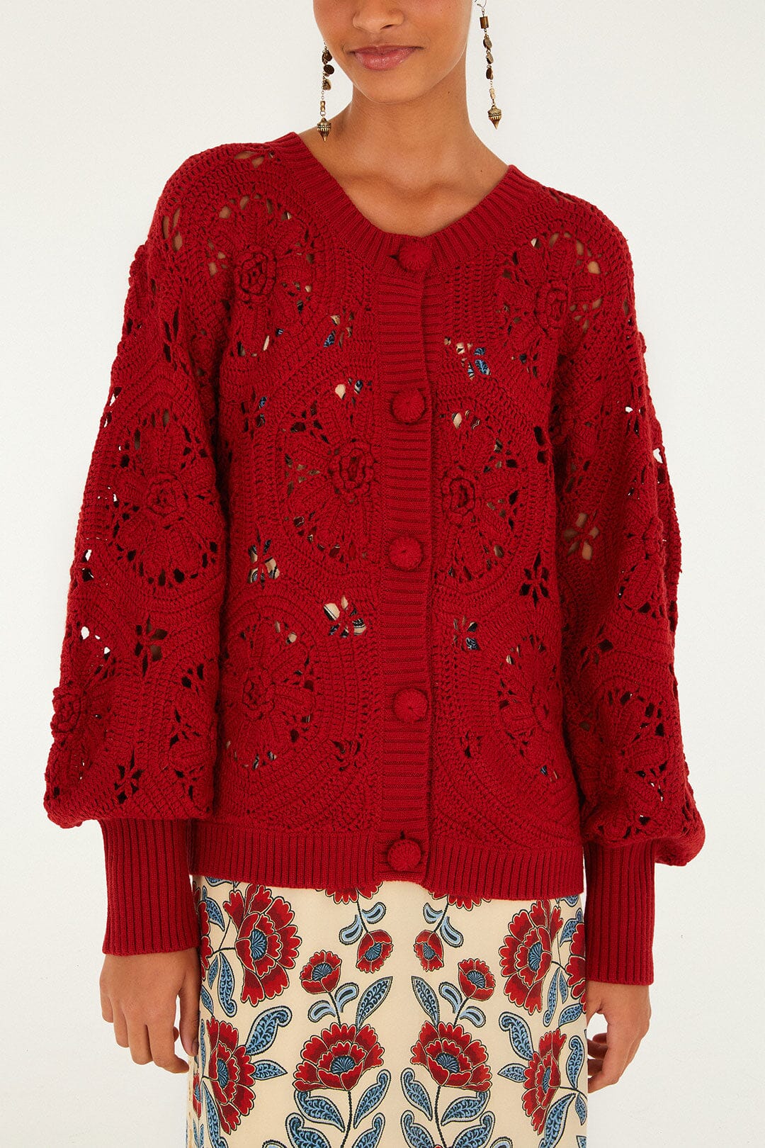 Red Crochet Flower Knit Cardigan - Image 3