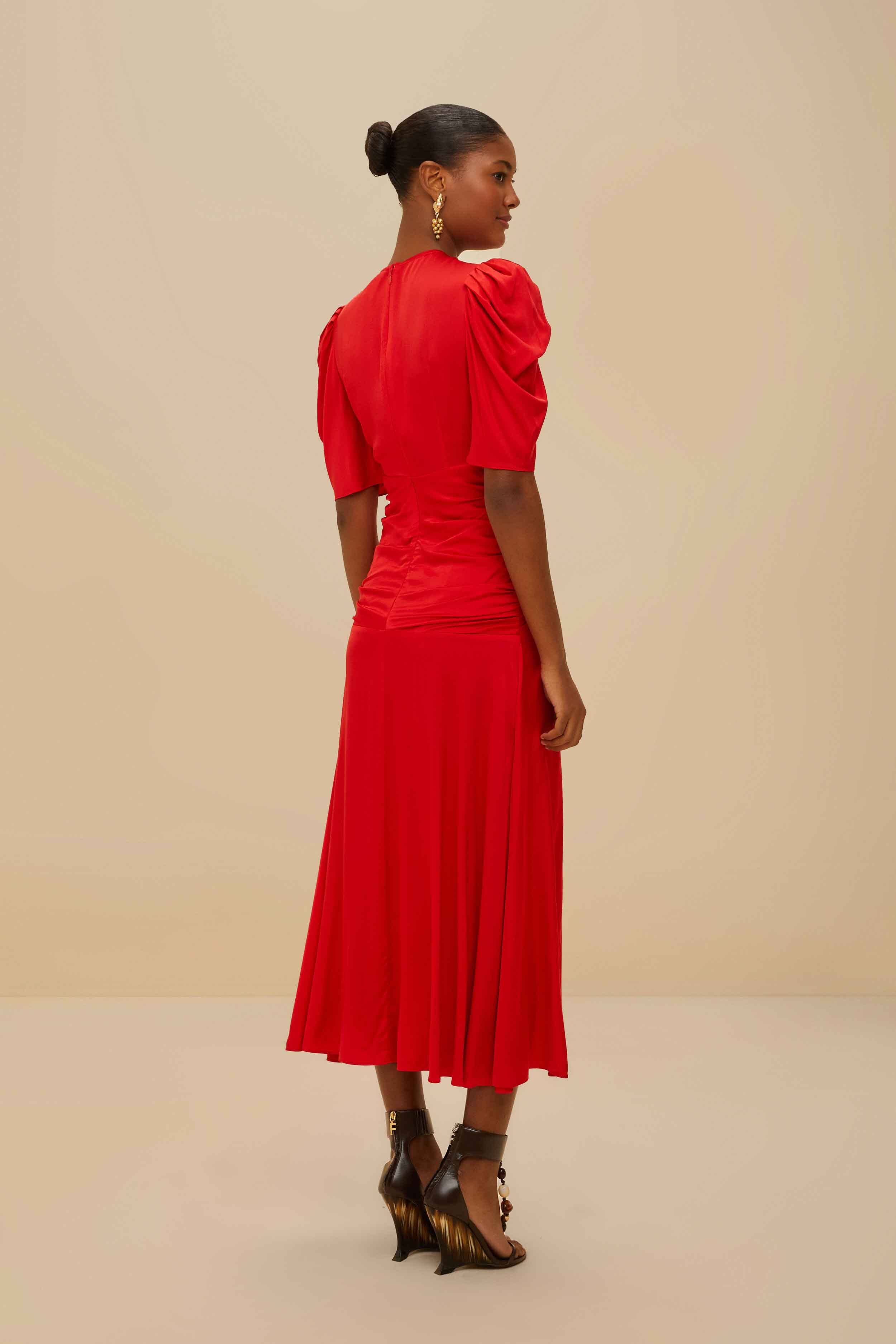 Red Gathered Midi Dress - Image 3