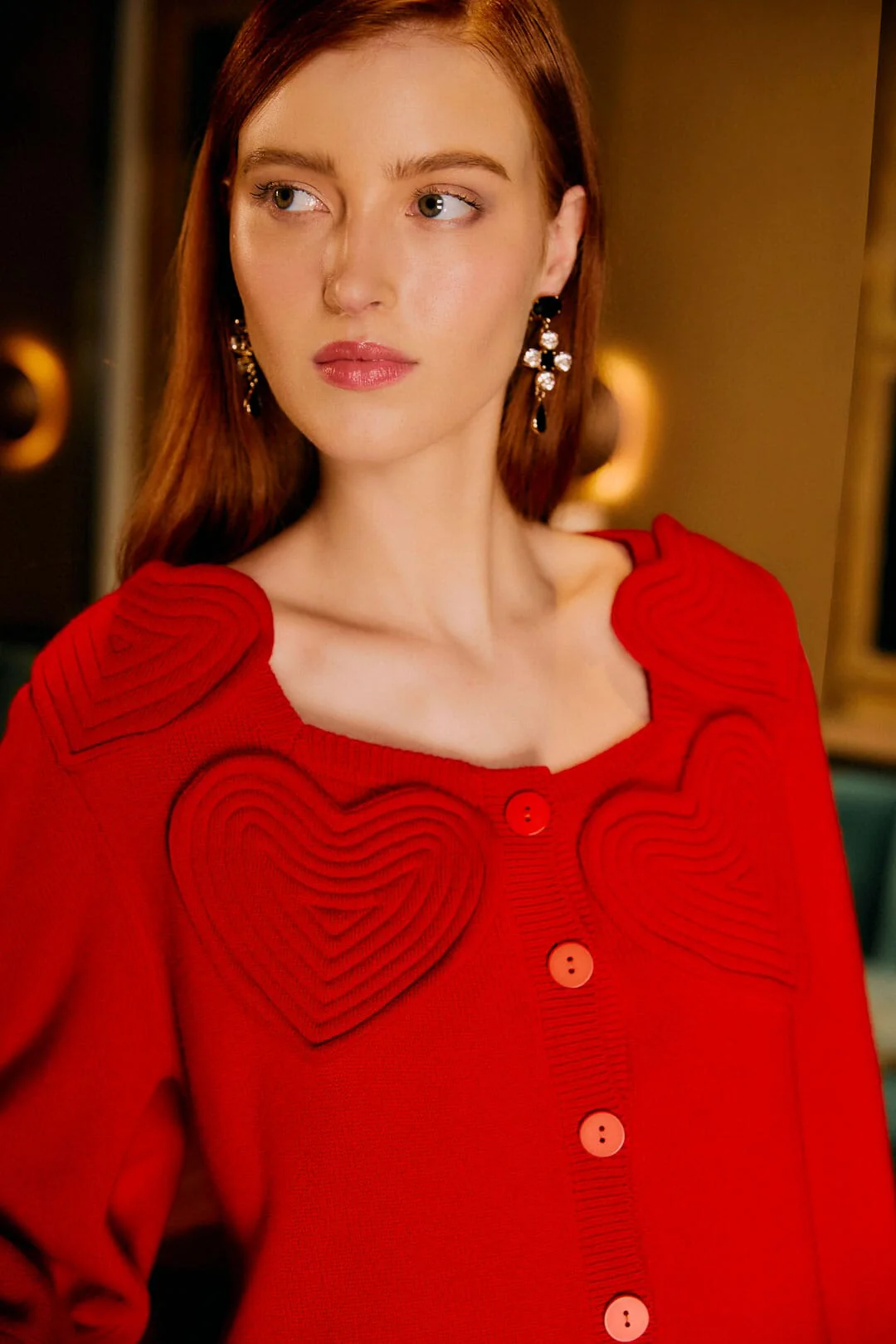 Red 3d Heartful Puff Sleeve Knit Cardigan - Image 2