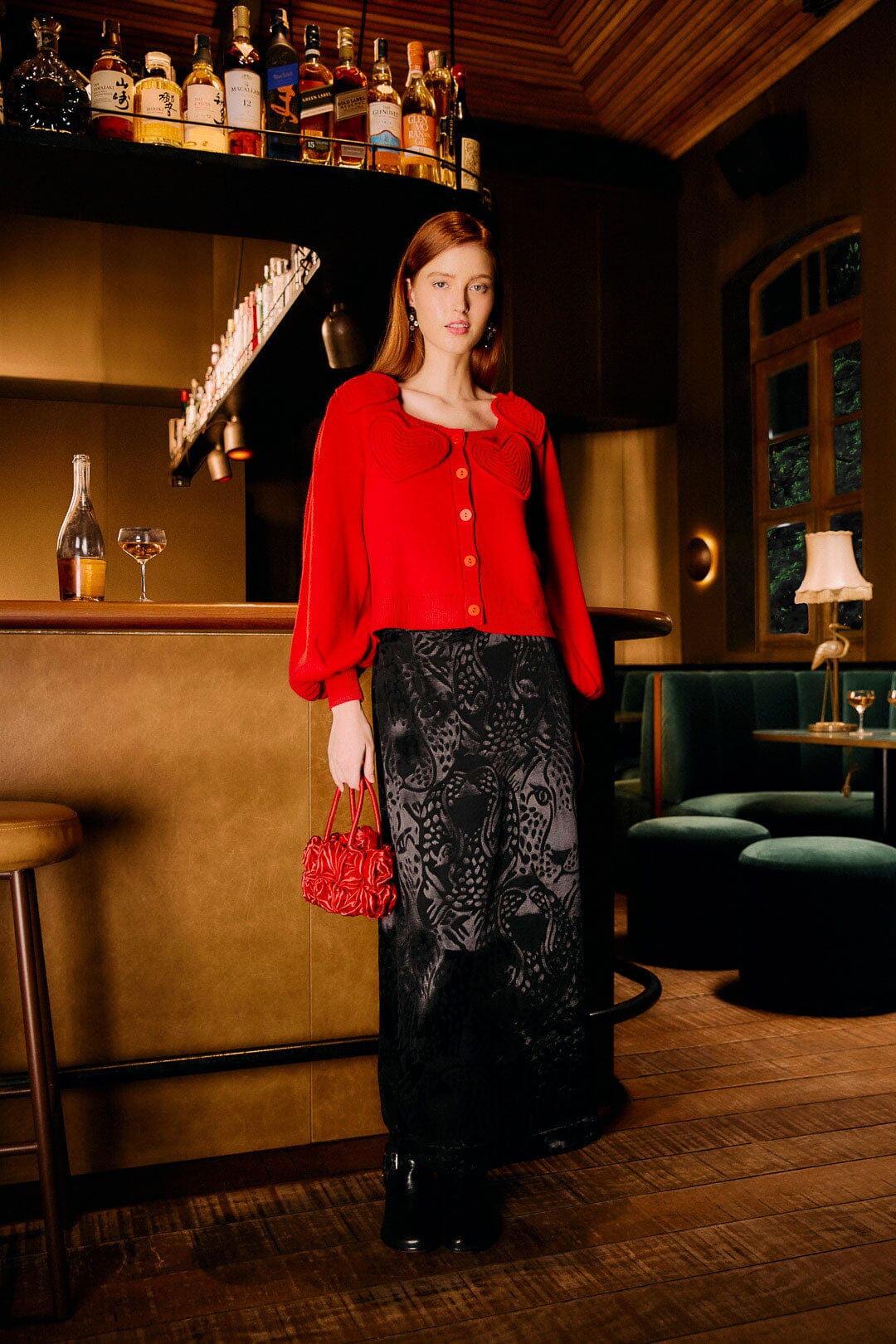 Red 3d Heartful Puff Sleeve Knit Cardigan - Image 3