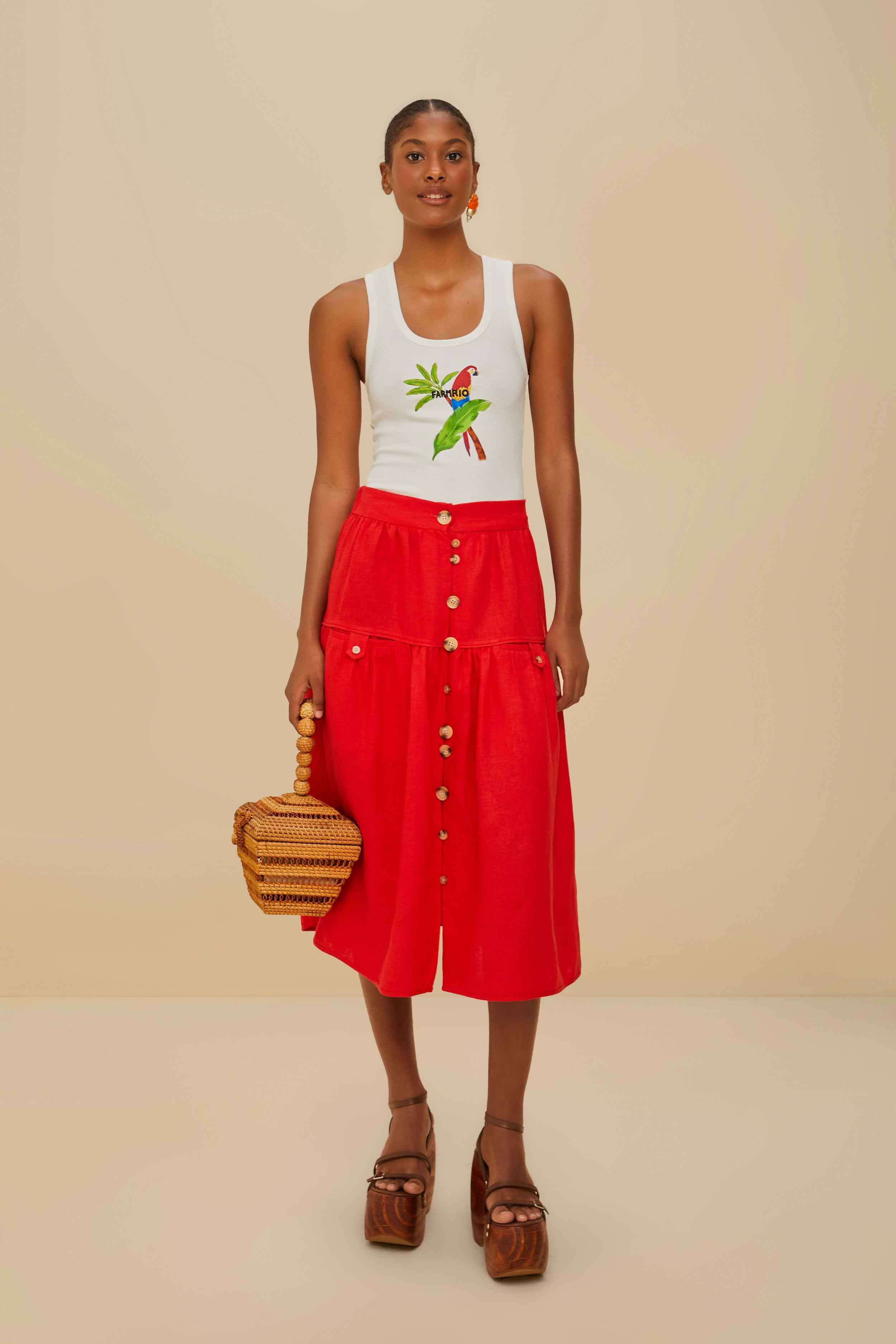 Red Mixed Buttons Euroflax™ Premium Linen Midi Skirt